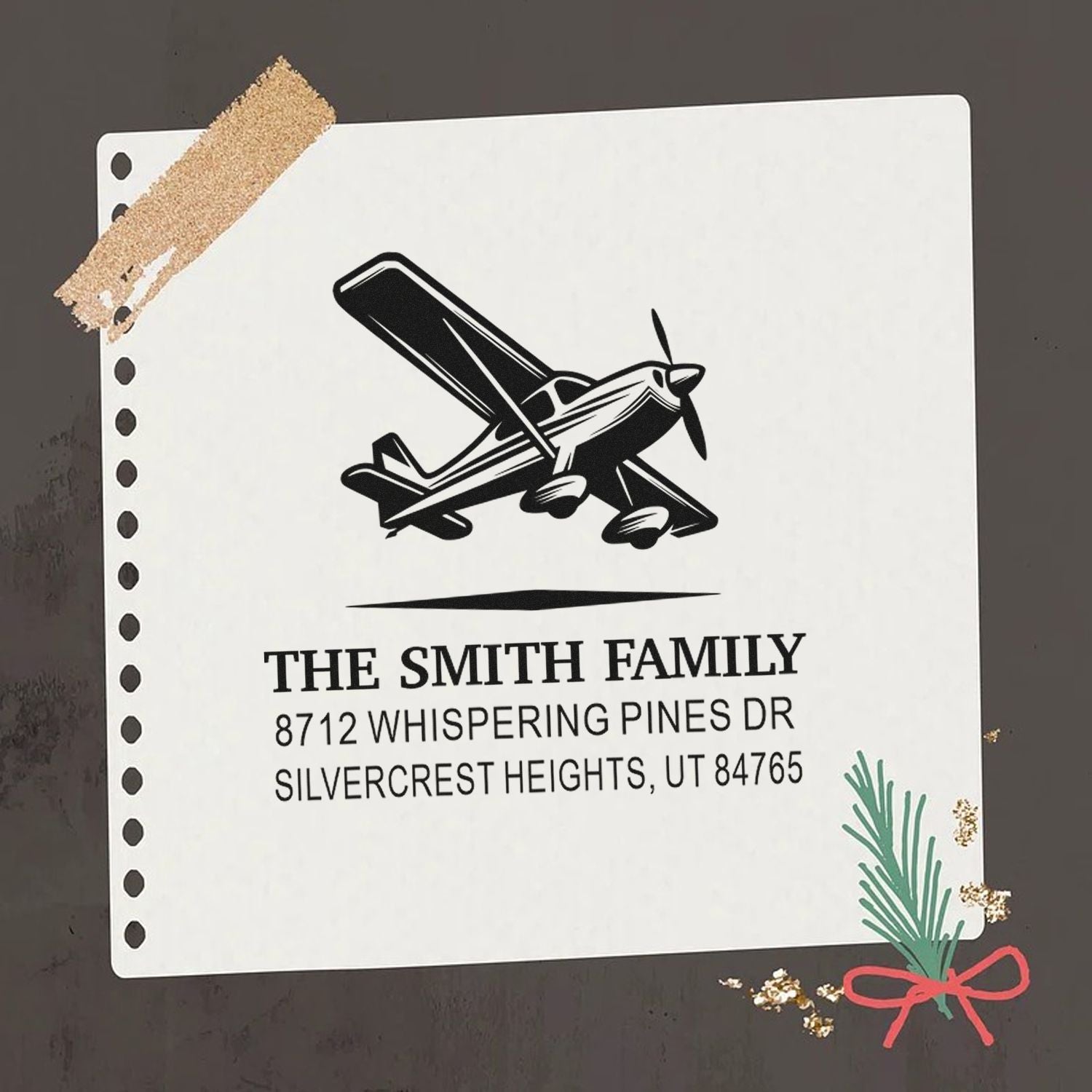 Personalized airplane address rubber stamp featuring The Smith Family name and return address for custom mailing, stationery, and packaging use