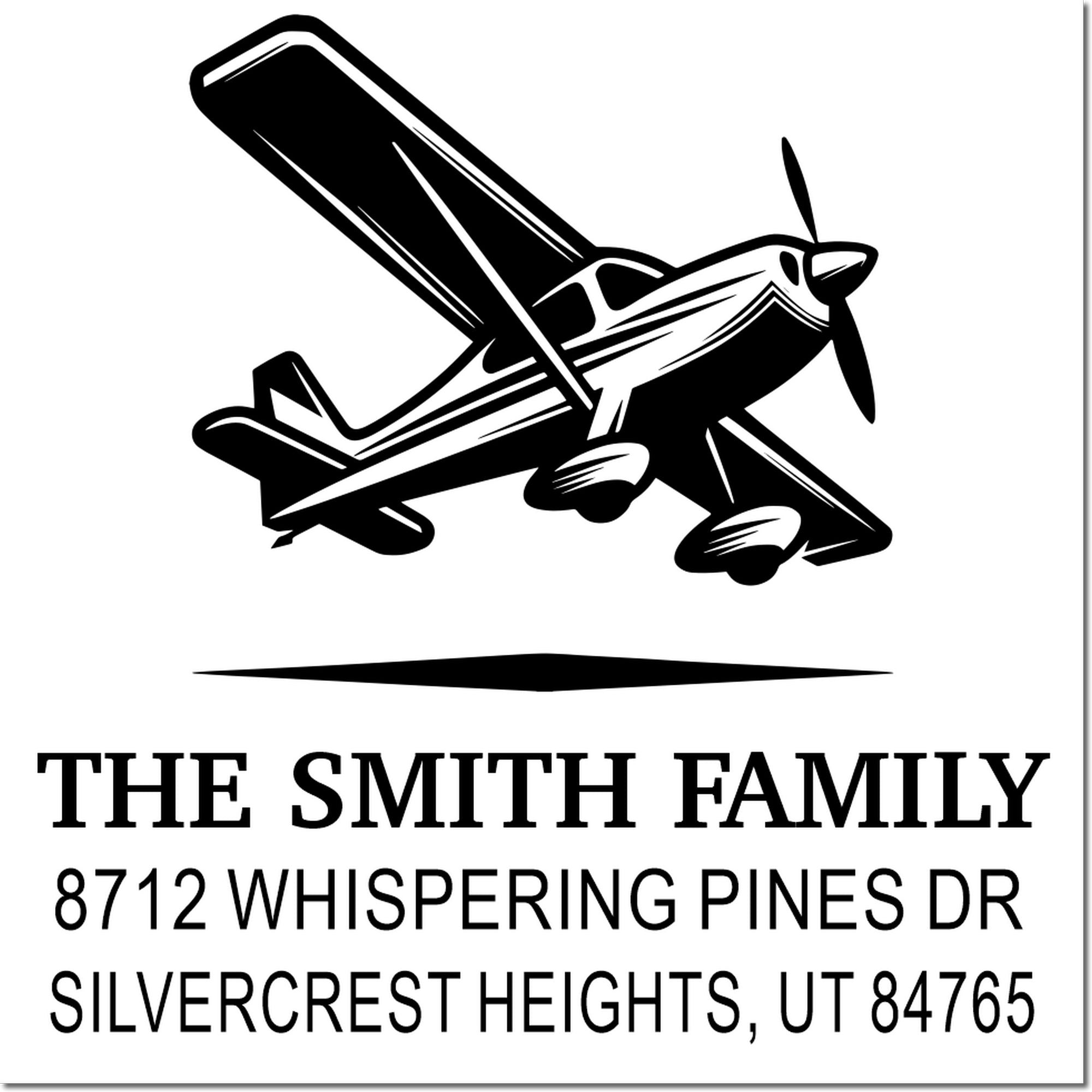 Custom return address stamp with airplane silhouette and The Smith Family at 8712 Whispering Pines Dr, Silvercrest Heights, UT 84765.