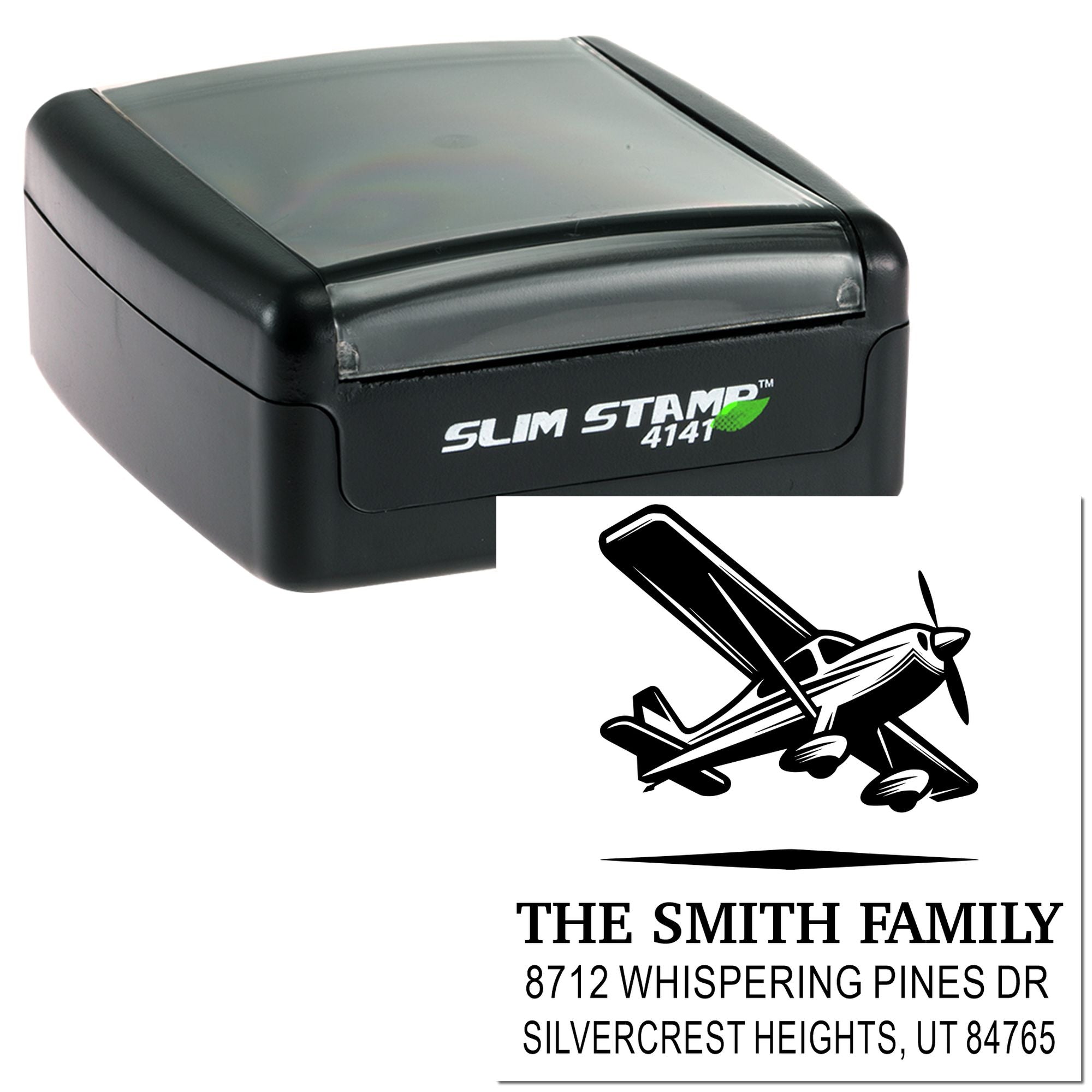 Custom Slim Stamp 4141 self-inking rubber stamp with airplane logo and personalized return address for The Smith Family, Silvercrest Heights, UT 84765