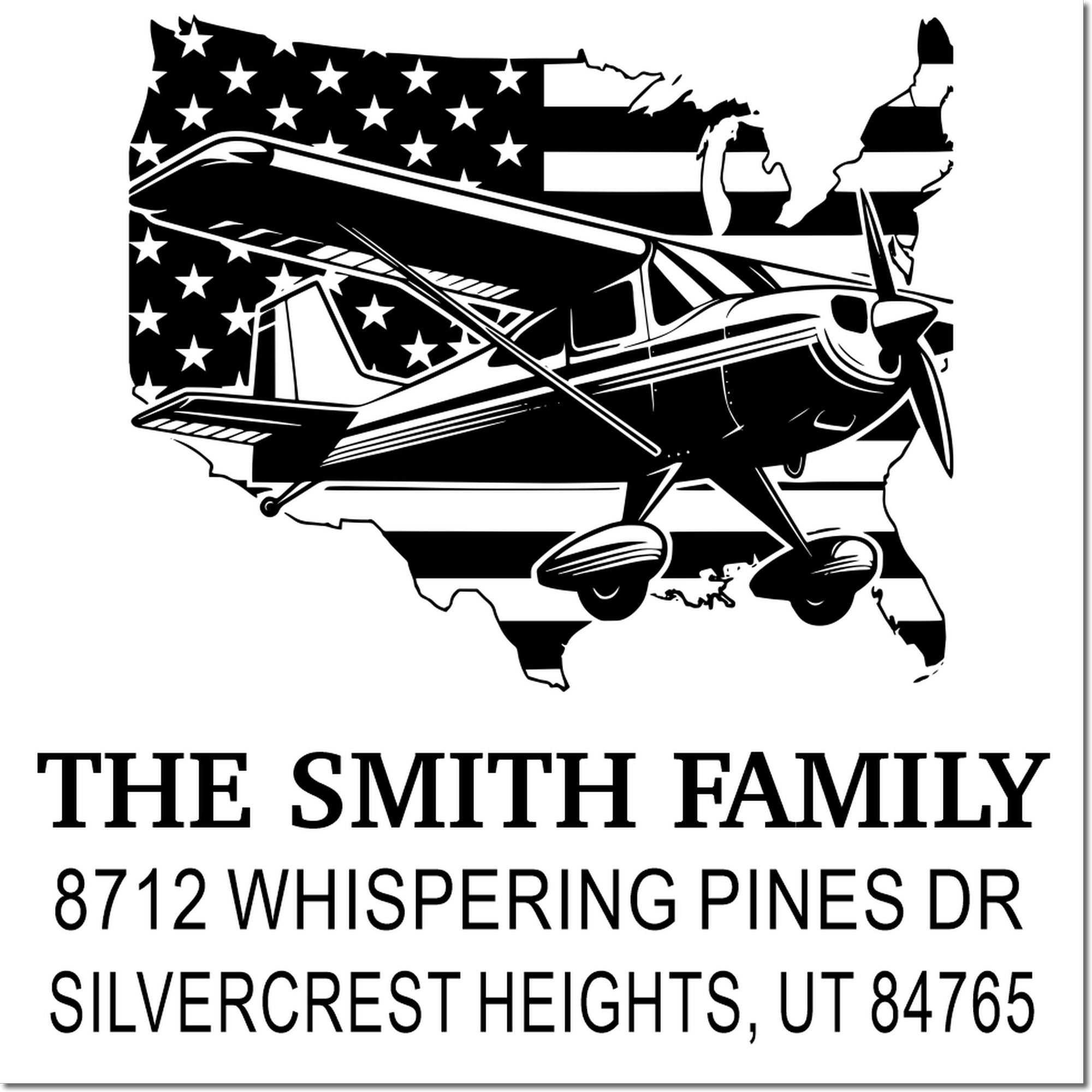 Custom address stamp with USA map and vintage airplane silhouette, black-and-white patriotic design for The Smith Family in Silvercrest Heights, UT.