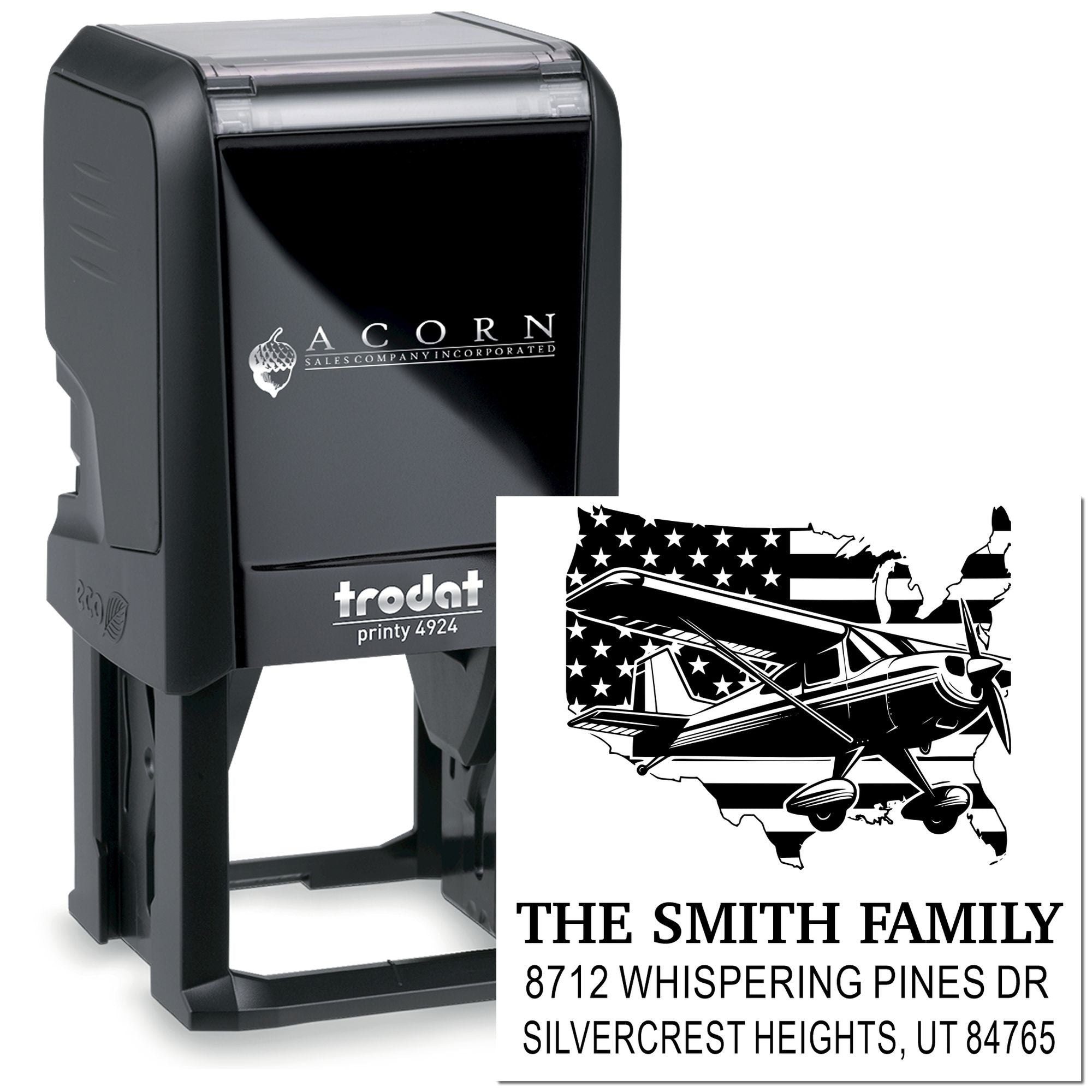 Custom self-inking Trodat Printy 4924 stamp with airplane and U.S. flag map design for The Smith Family address, shown on white background.