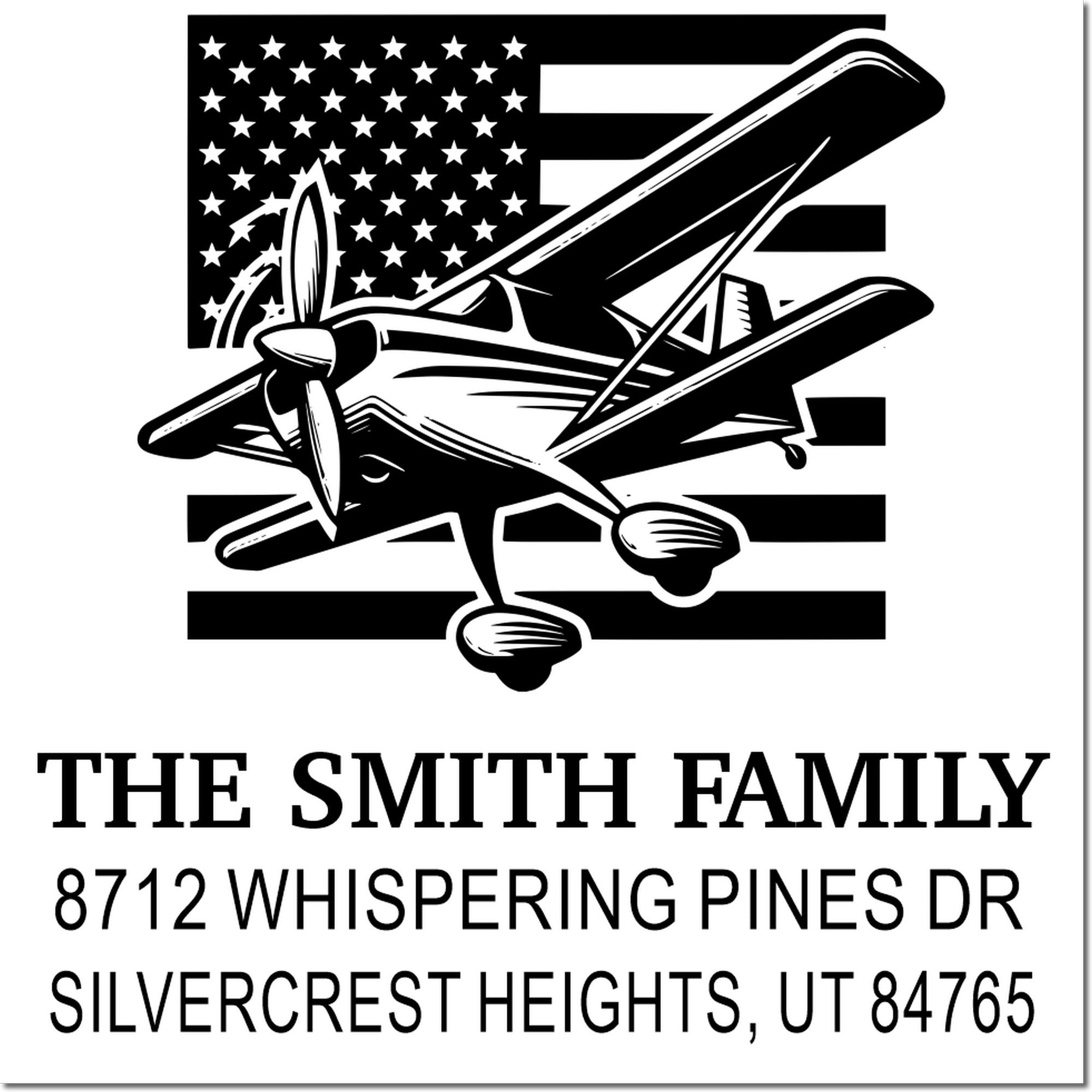Custom address stamp with vintage airplane over American flag, featuring The Smith Family and Silvercrest Heights, UT address.