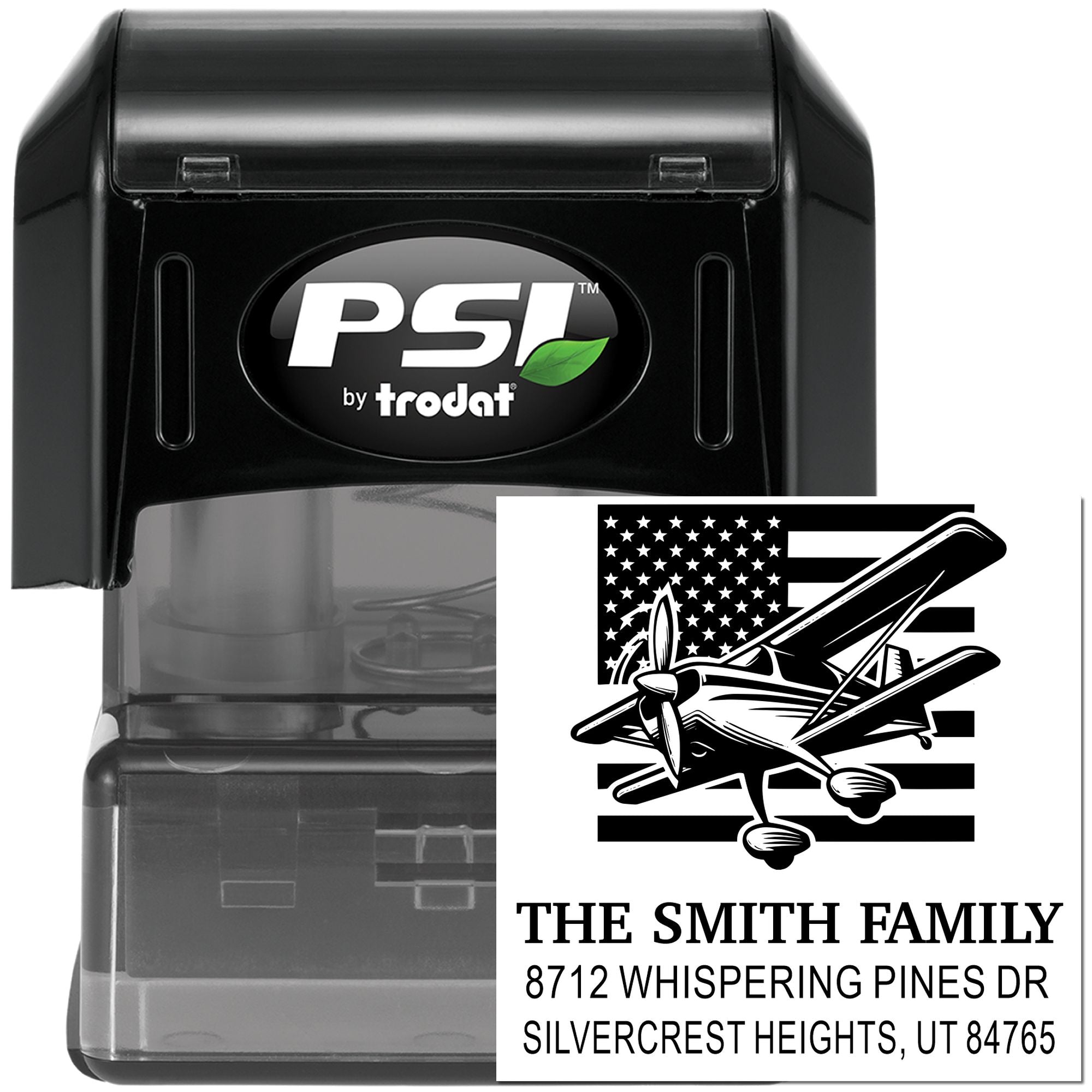 PSI by Trodat self-inking address stamp with airplane and American flag design, showing The Smith Family name and Silvercrest Heights, UT address.
