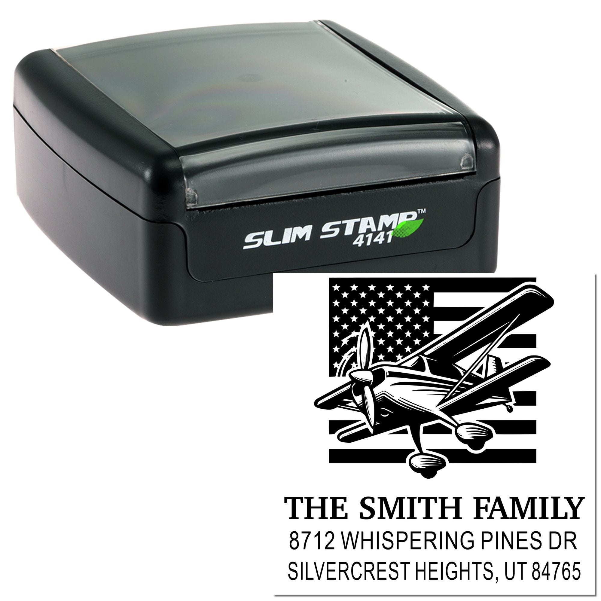 Black Slim Stamp 4141 self-inking custom address stamp with airplane design, showing The Smith Family name and full address on a white background.