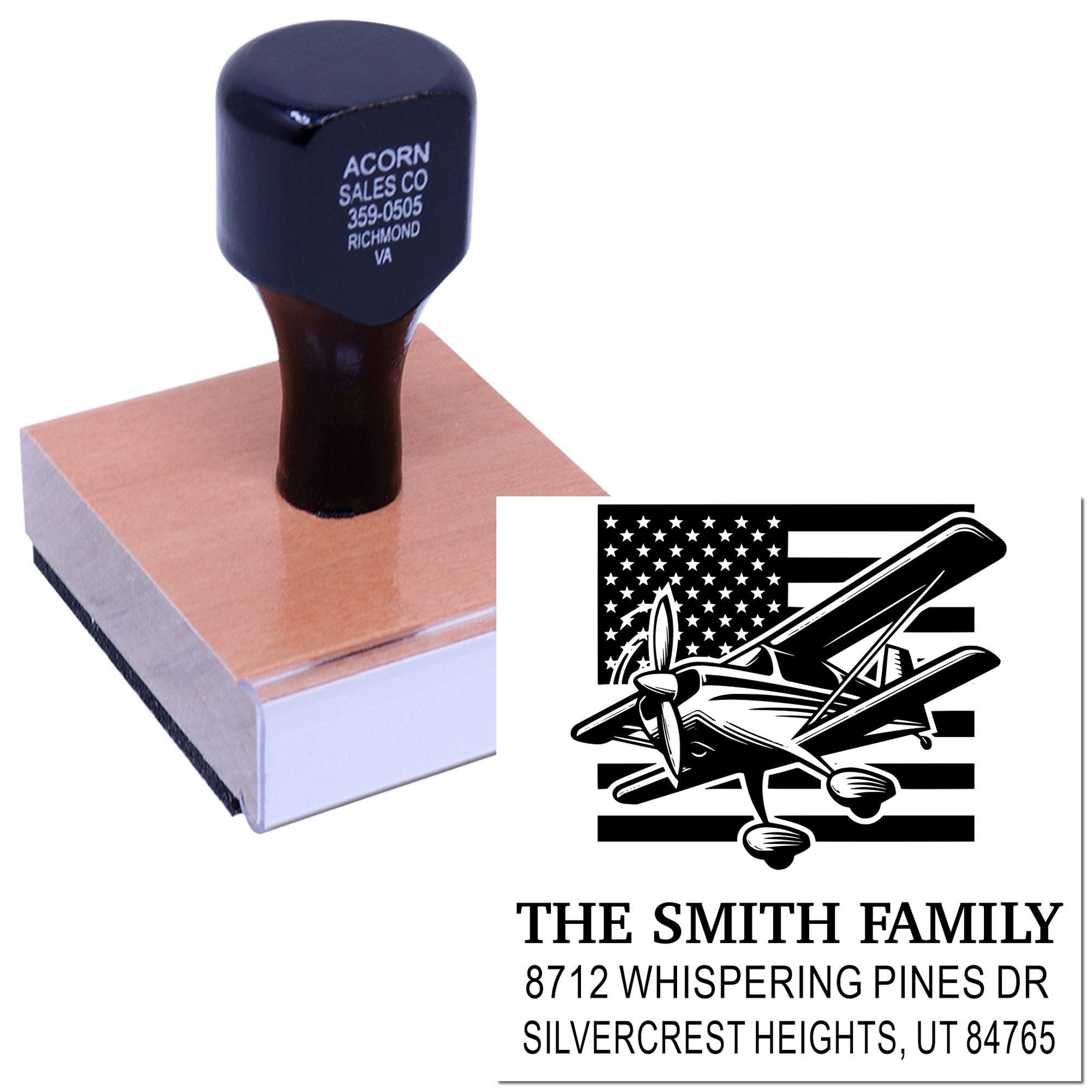Custom wooden return address stamp with airplane design, showing The Smith Family address on a white background.