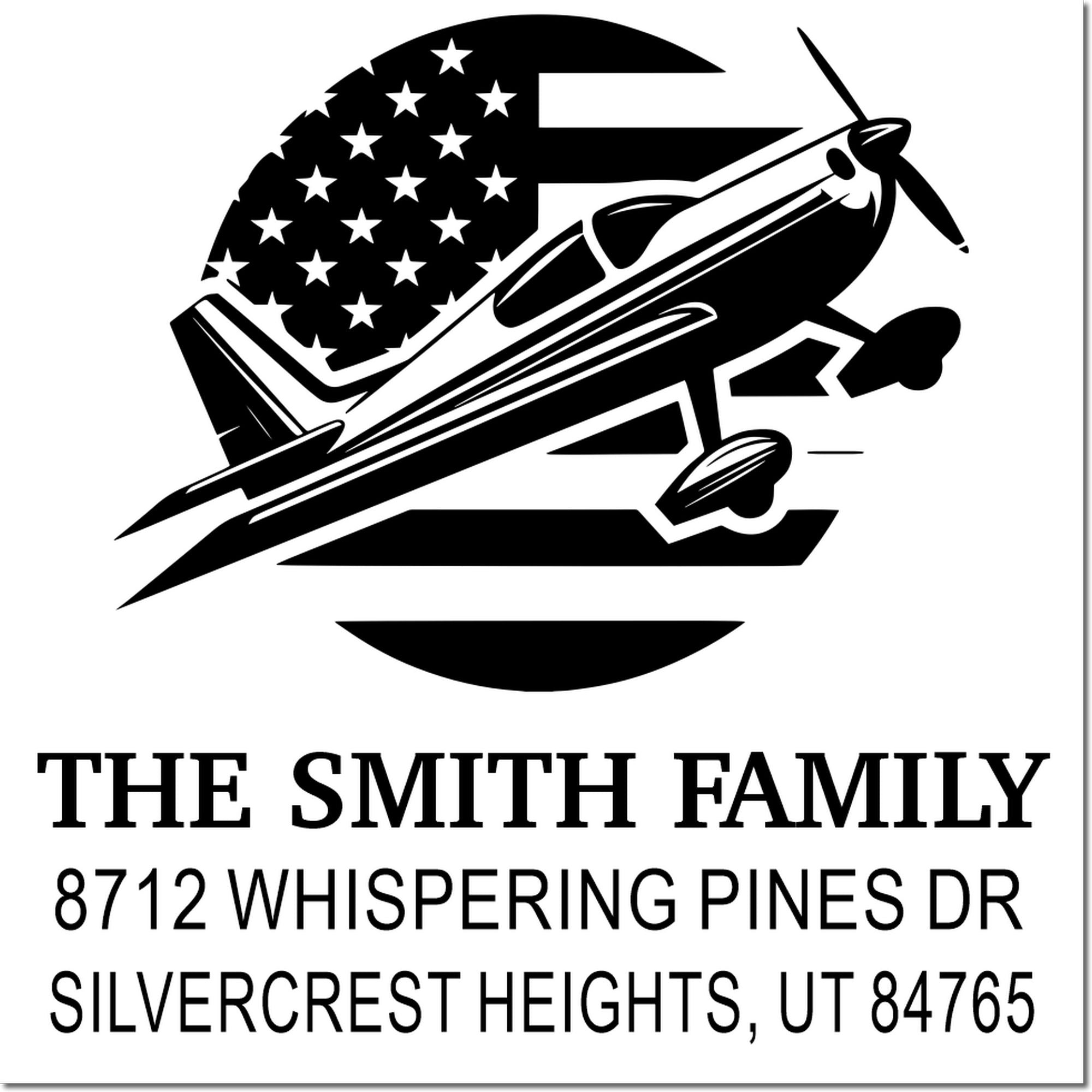 Custom family return address stamp with airplane silhouette over U.S. flag, The Smith Family, 8712 Whispering Pines Dr, Silvercrest Heights, UT 84765.