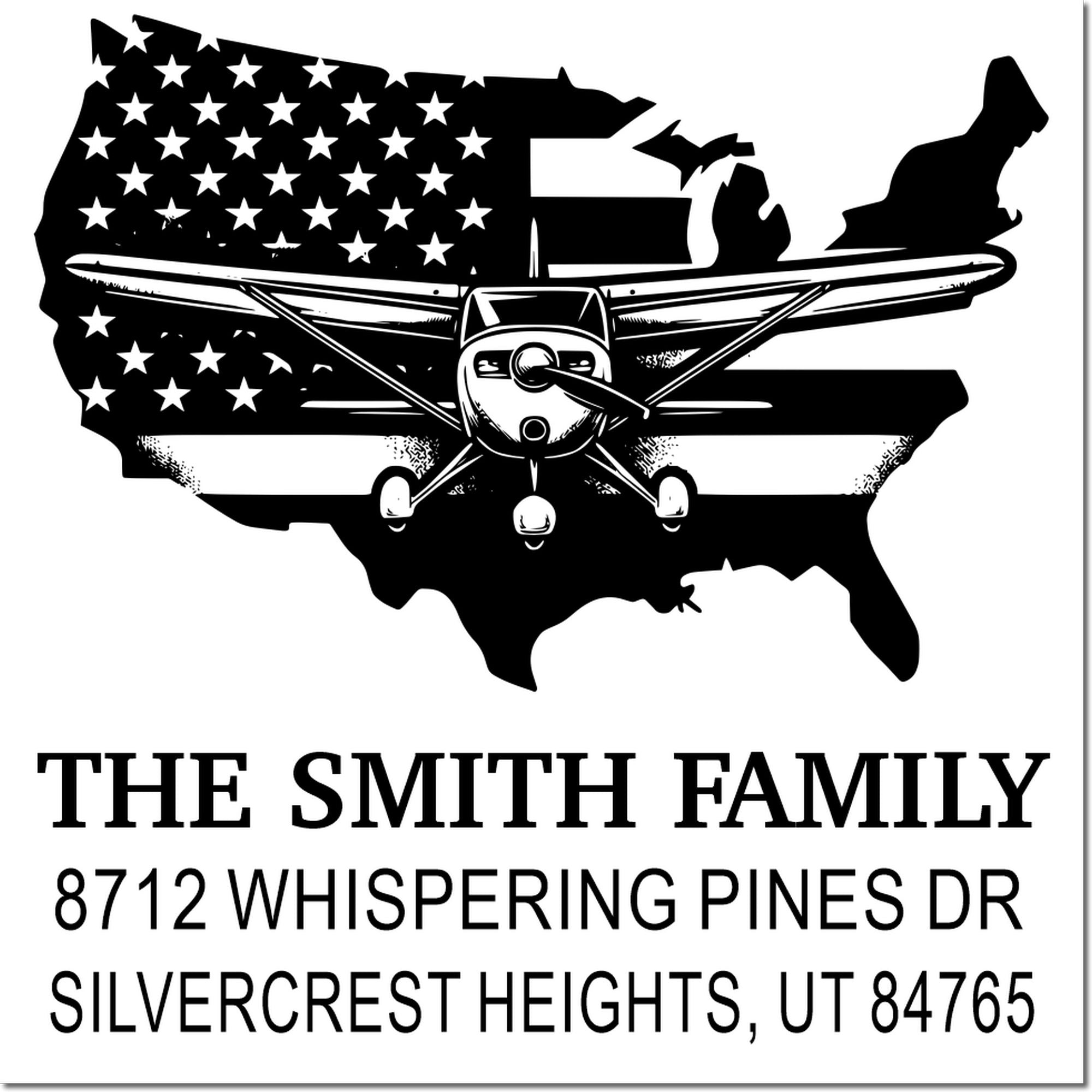 Custom address stamp with USA map, airplane, and American flag design for The Smith Family, Silvercrest Heights, UT 84765