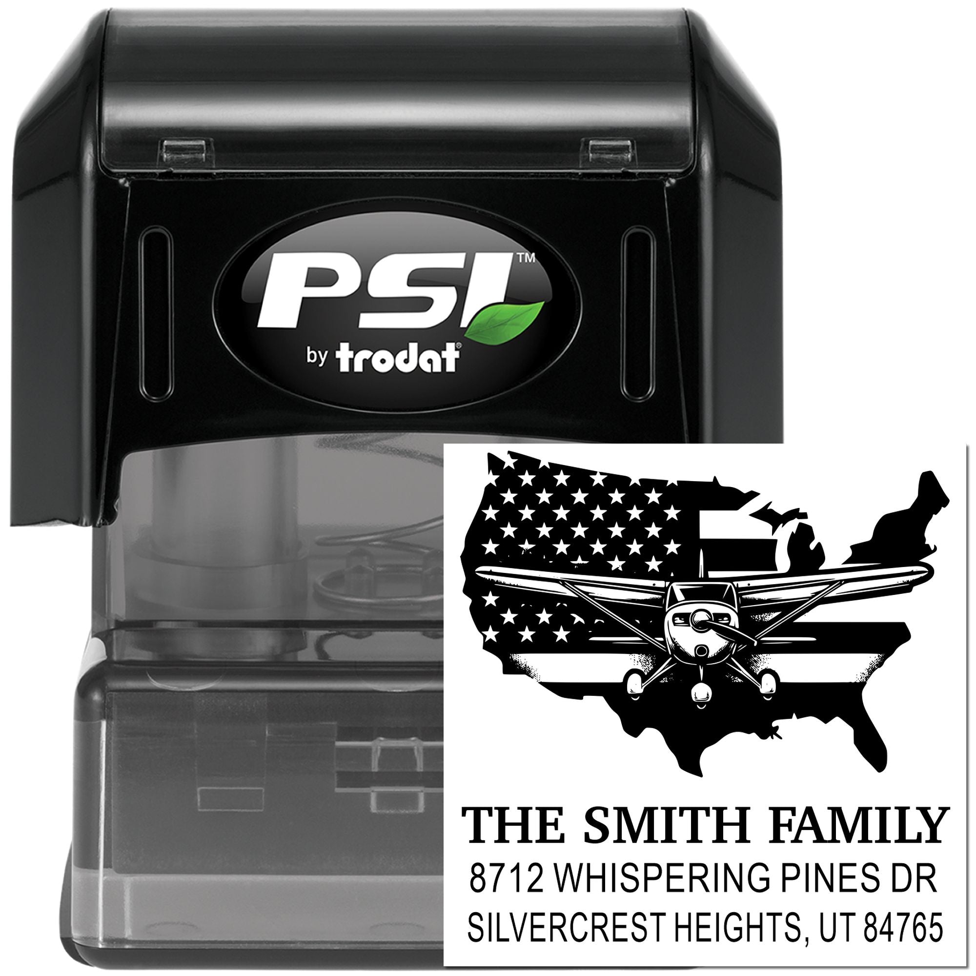 Black PSI by Trodat self-inking address stamp with U.S. map and airplane design, personalized for The Smith Family.