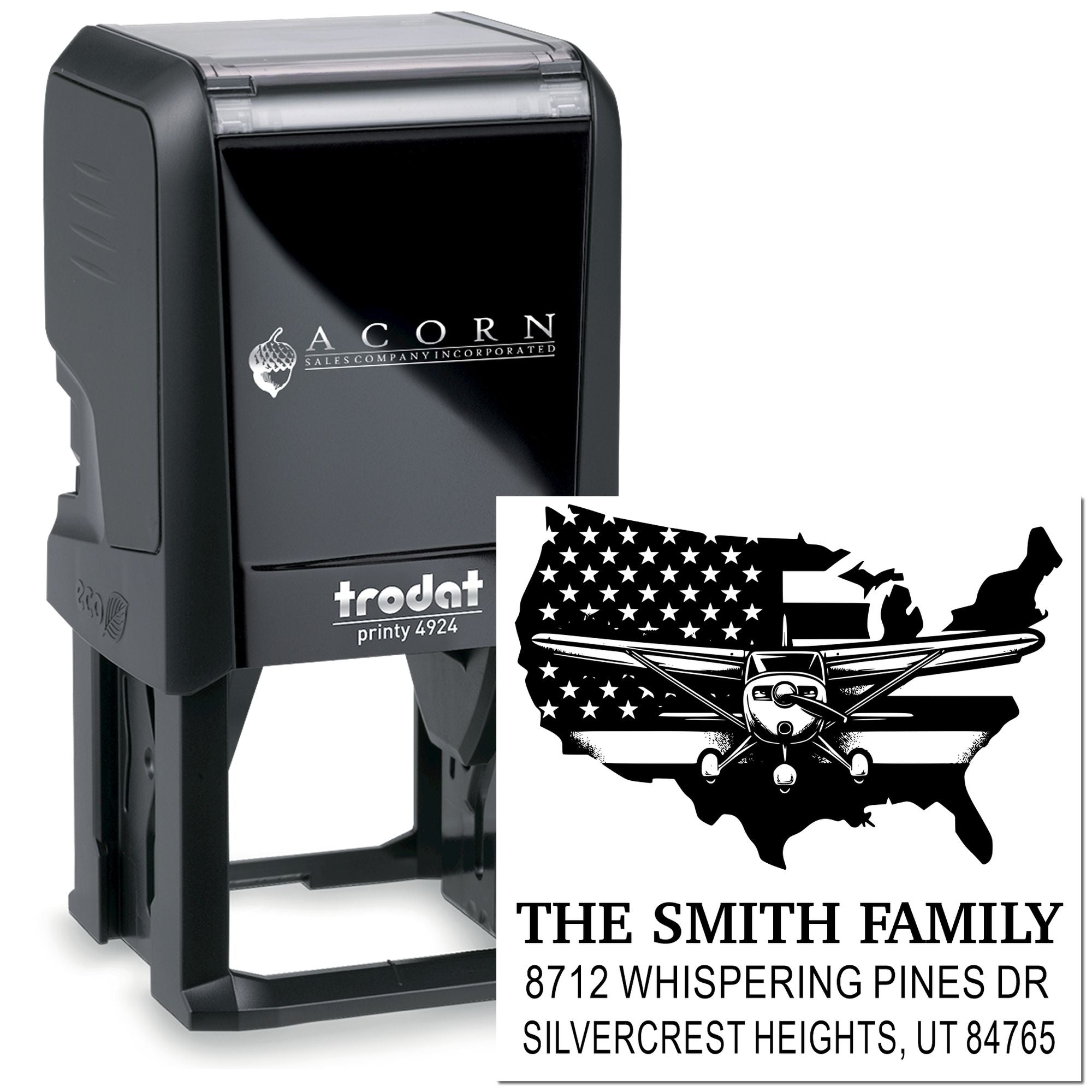 Custom self-inking Trodat address stamp with airplane over US map design for The Smith Family, Silvercrest Heights address.