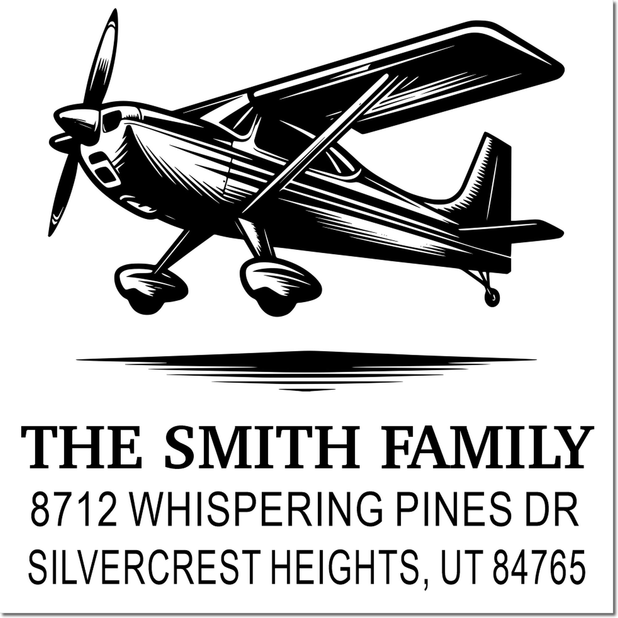 Custom airplane address stamp featuring a vintage plane graphic and The Smith Family address in Silvercrest Heights, UT 84765.