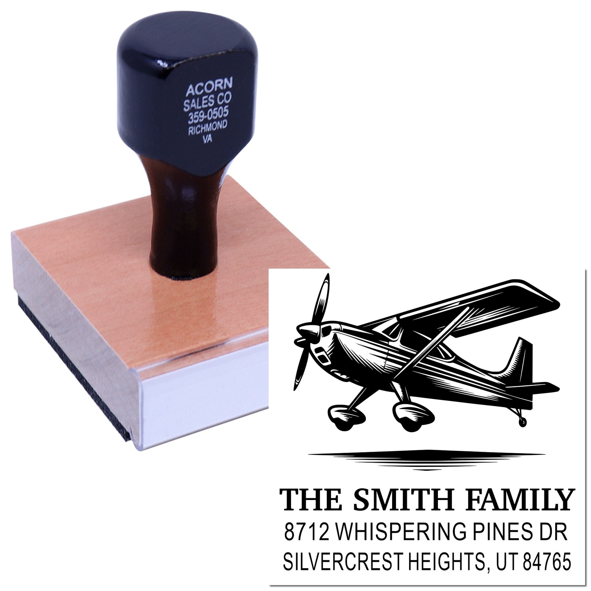 Custom airplane address rubber stamp on a wooden block, shown with the Smith family mailing address on a white background.