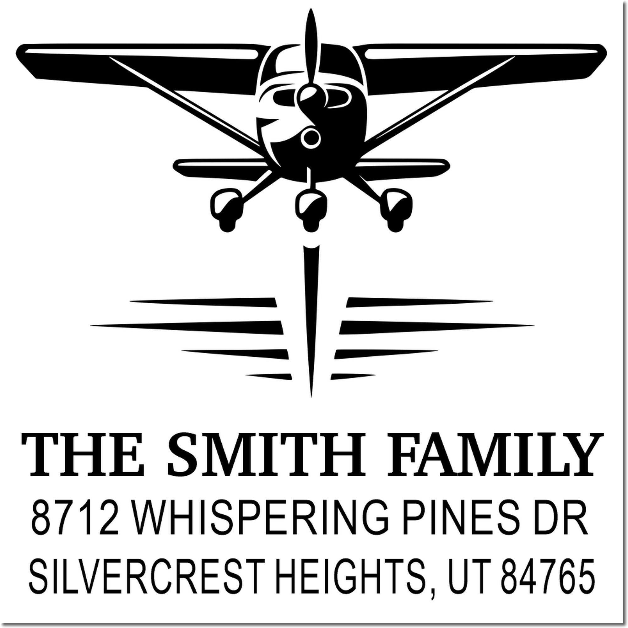 Custom airplane address stamp for The Smith Family, 8712 Whispering Pines Dr, Silvercrest Heights, UT 84765.