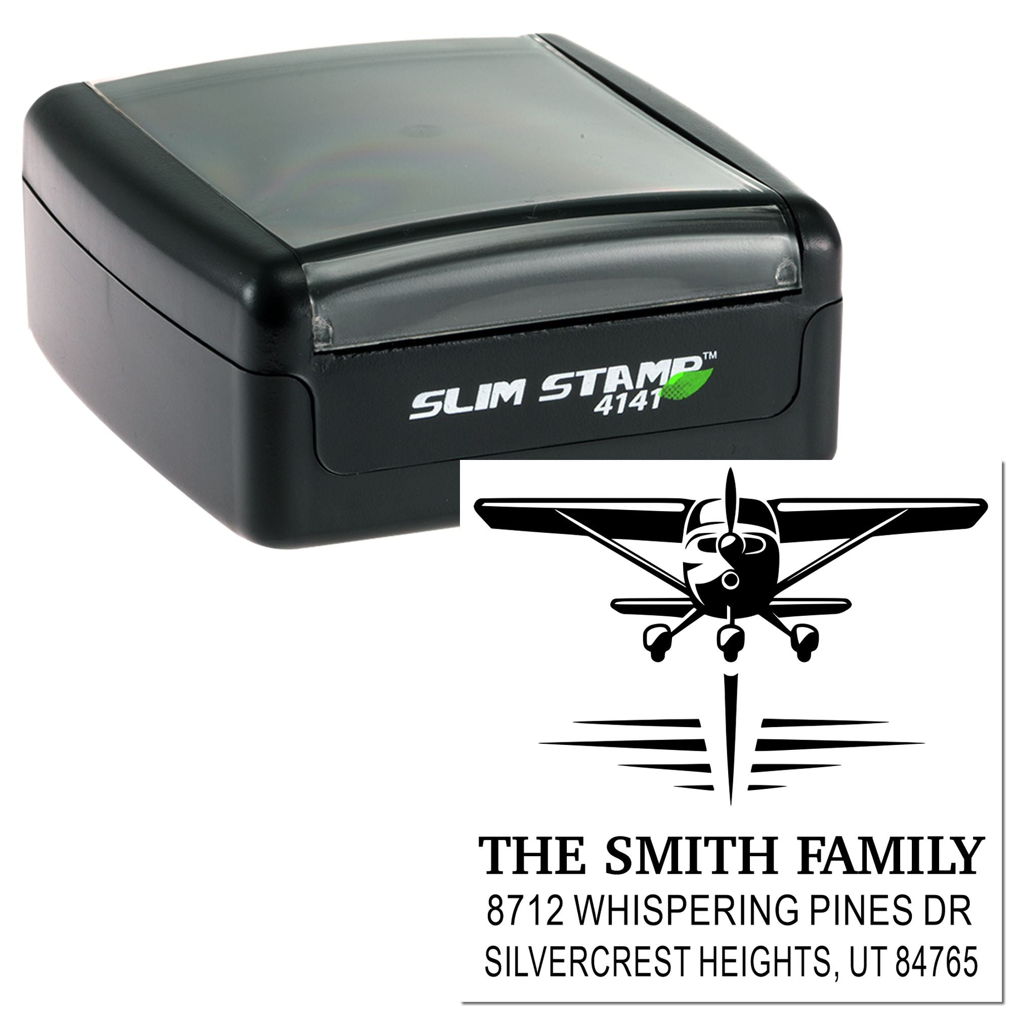 Self-inking Slim Stamp 4141 with airplane logo and custom family address imprint reading The Smith Family on white background.