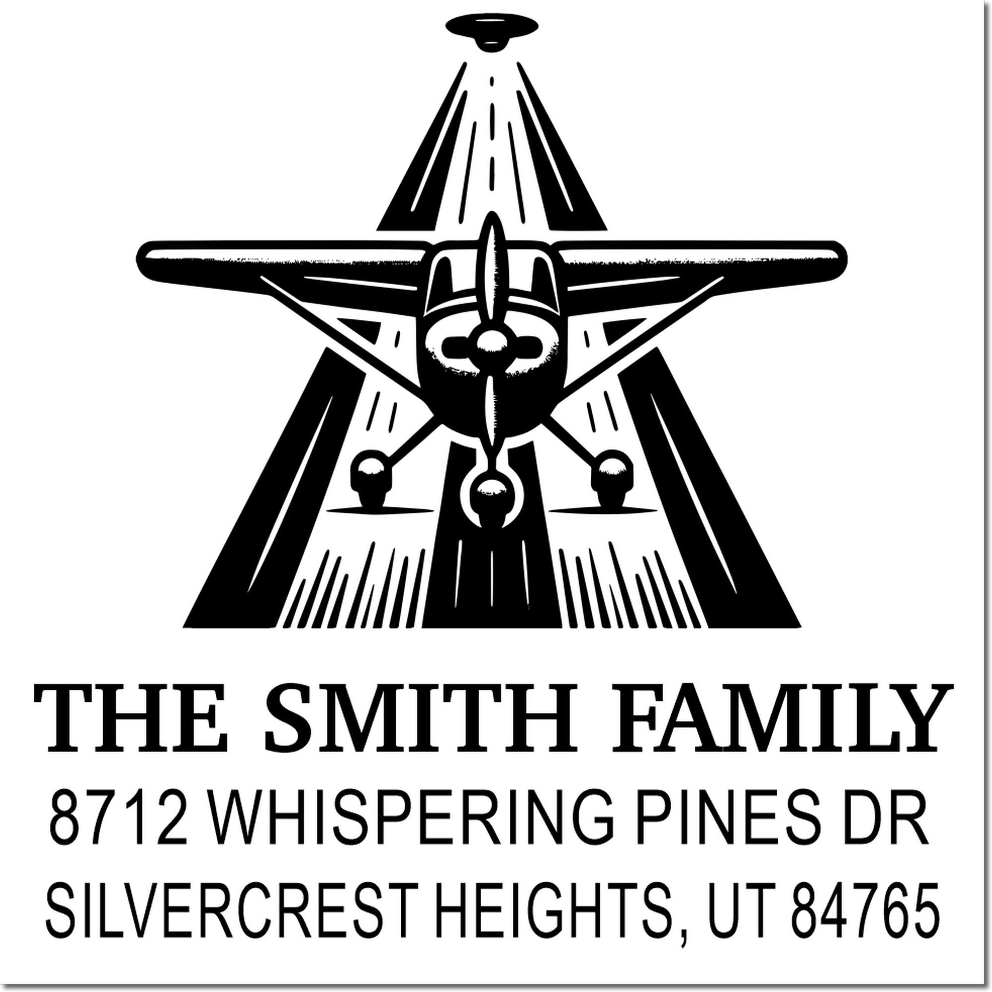 Custom return address stamp with airplane graphic, reading The Smith Family, 8712 Whispering Pines Dr, Silvercrest Heights, UT 84765.