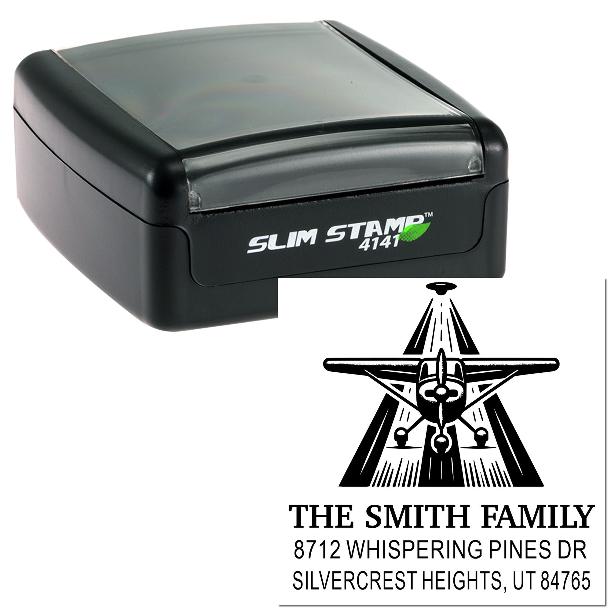 Self-inking Slim Stamp 4141 with custom address imprint for The Smith Family, airplane logo, and Silvercrest Heights, UT mailing details.