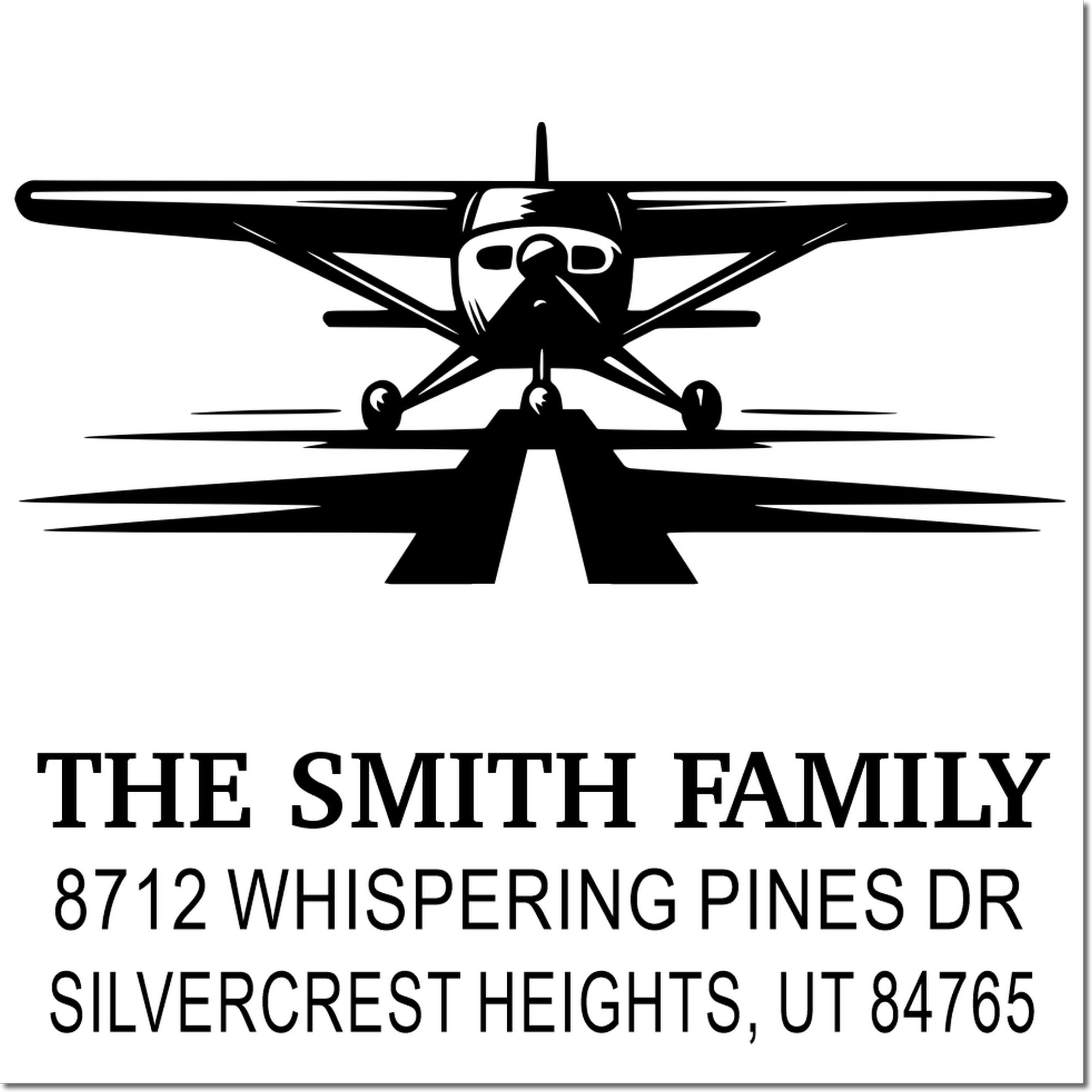 Custom airplane return address stamp with plane silhouette and The Smith Family, 8712 Whispering Pines Dr, Silvercrest Heights, UT 84765.