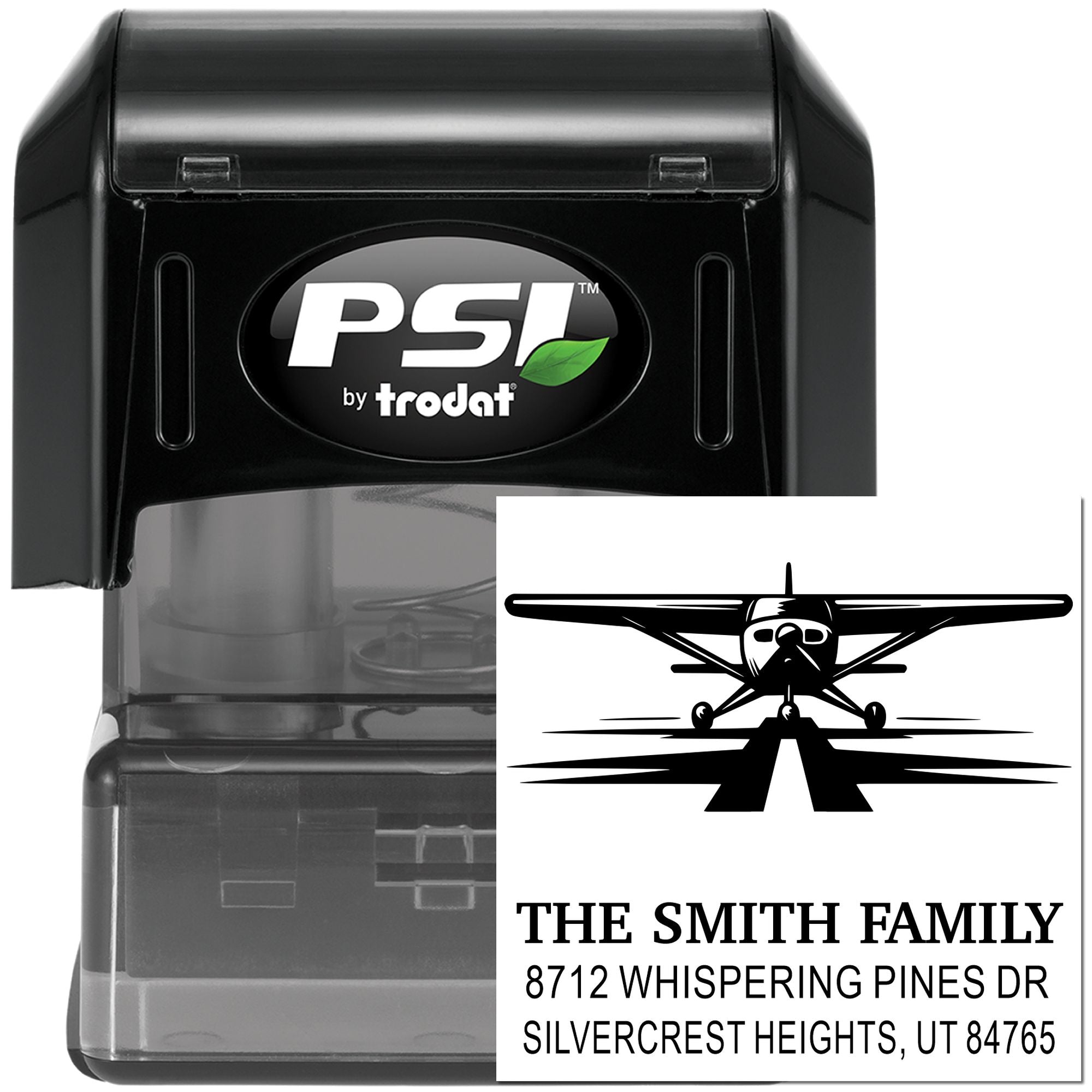Personalized self-inking PSI by Trodat rubber address stamp with airplane logo, The Smith Family, 8712 Whispering Pines Dr, Silvercrest Heights UT 84765