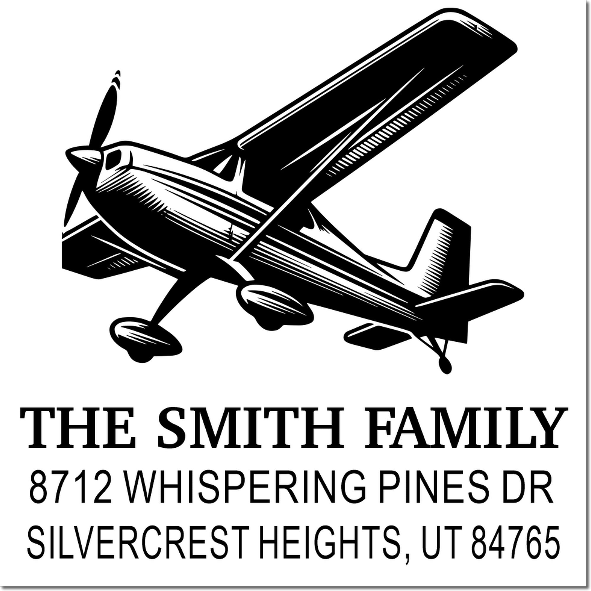 Custom return address stamp with airplane graphic, The Smith Family, 8712 Whispering Pines Dr, Silvercrest Heights, UT 84765.