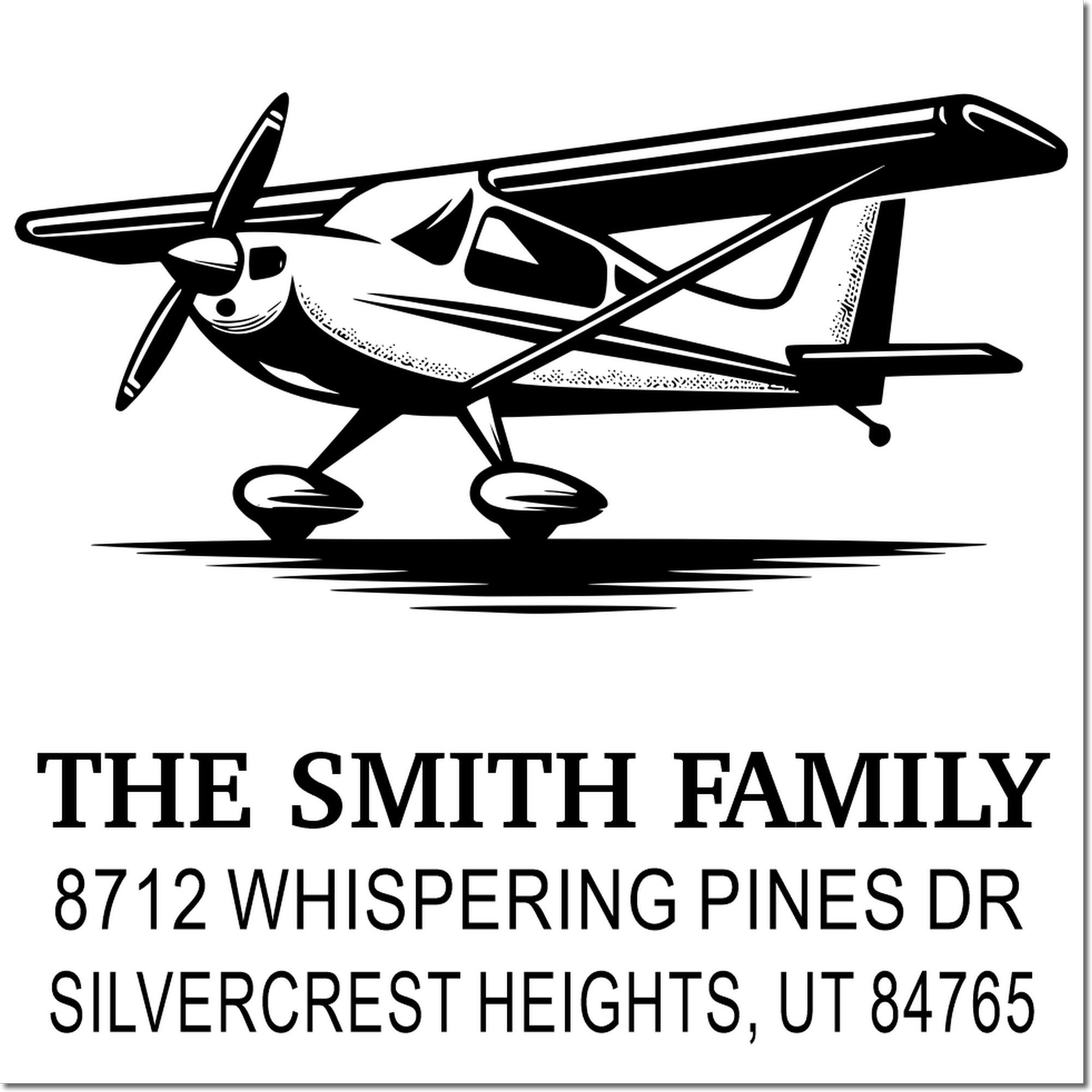 Custom family address stamp with a small airplane graphic, The Smith Family, 8712 Whispering Pines Dr, Silvercrest Heights, UT 84765.
