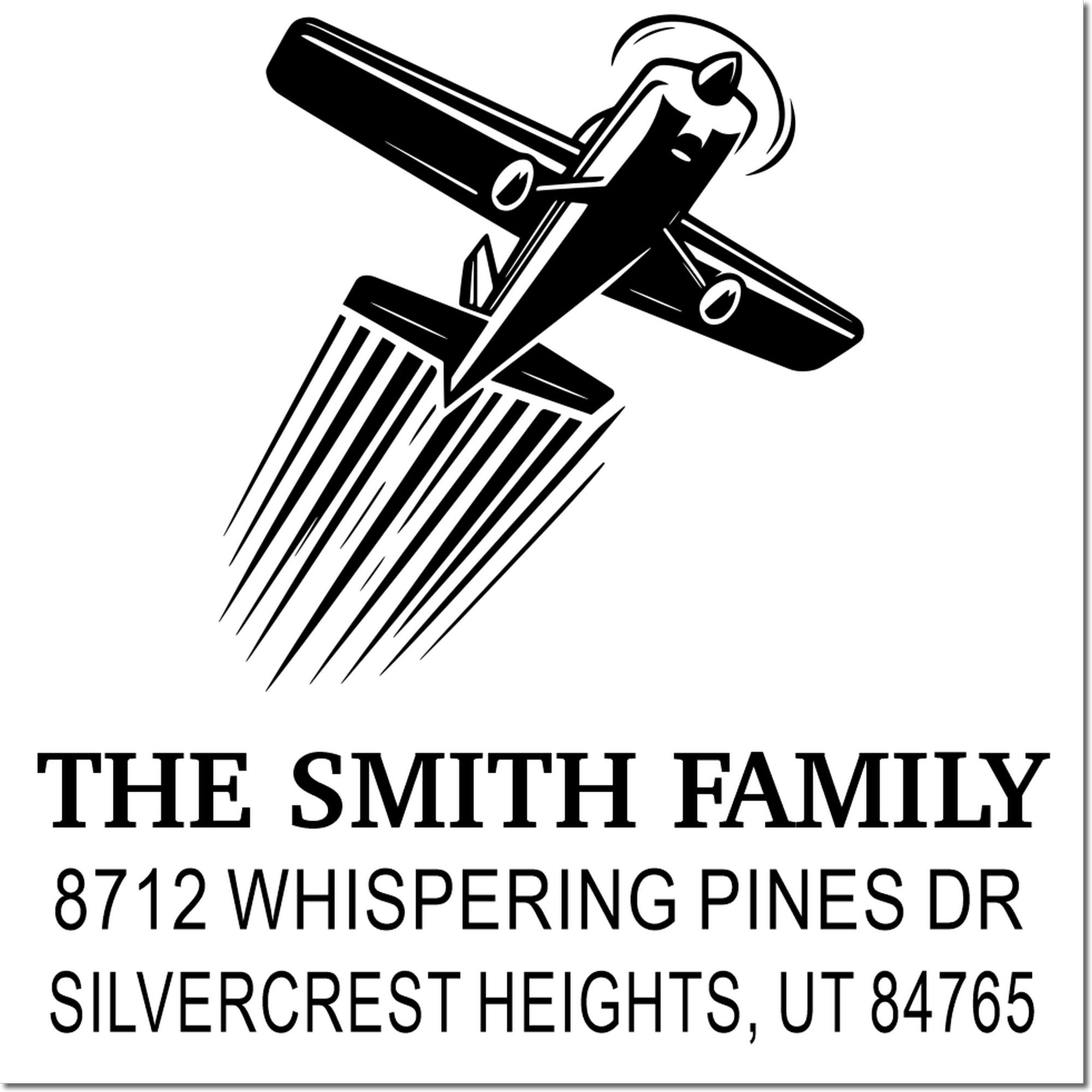 Custom return address stamp with airplane logo for The Smith Family, 8712 Whispering Pines Dr, Silvercrest Heights, UT 84765.