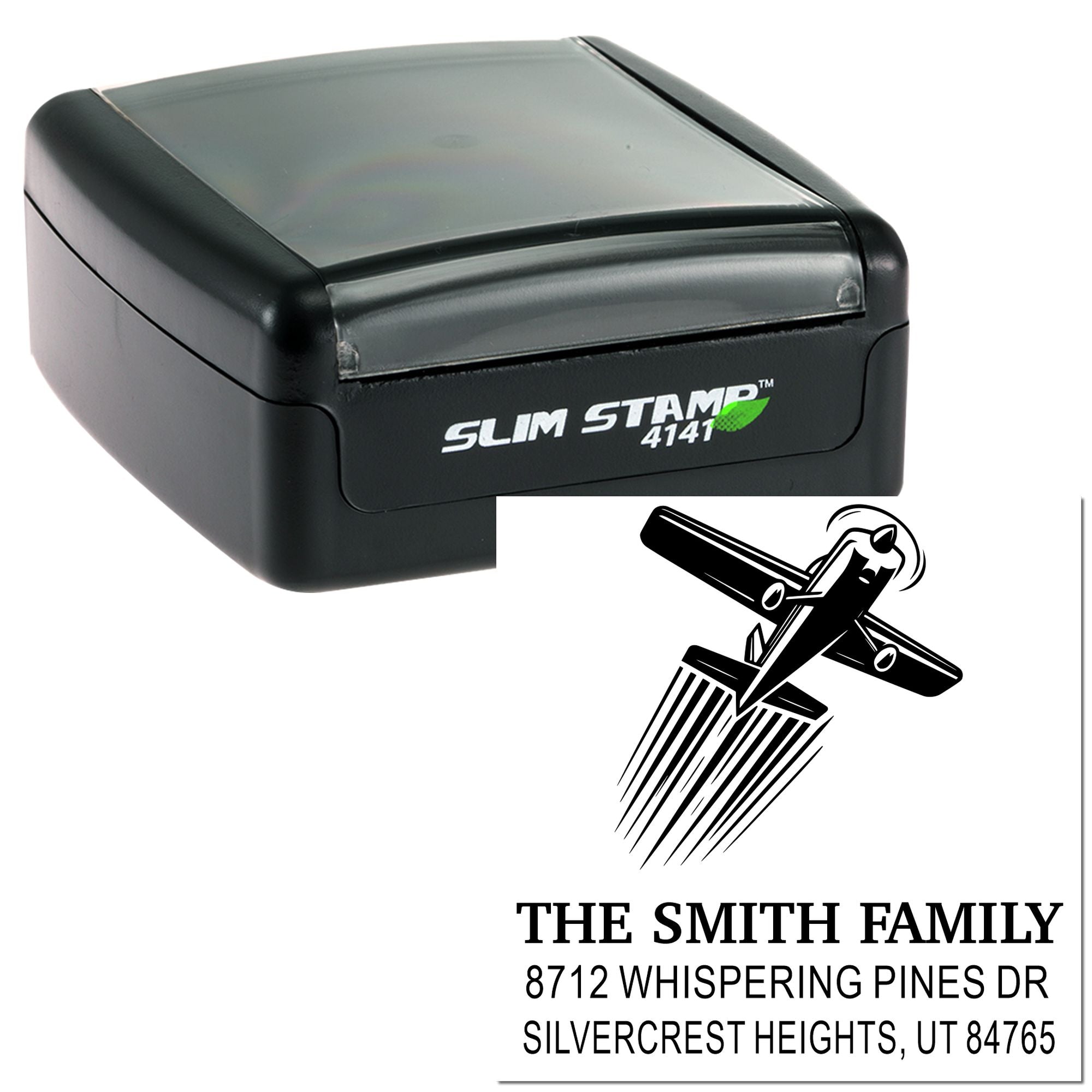 Self-inking Slim Stamp 4141 with custom return address imprint for The Smith Family, featuring house icon and address on a white product display.