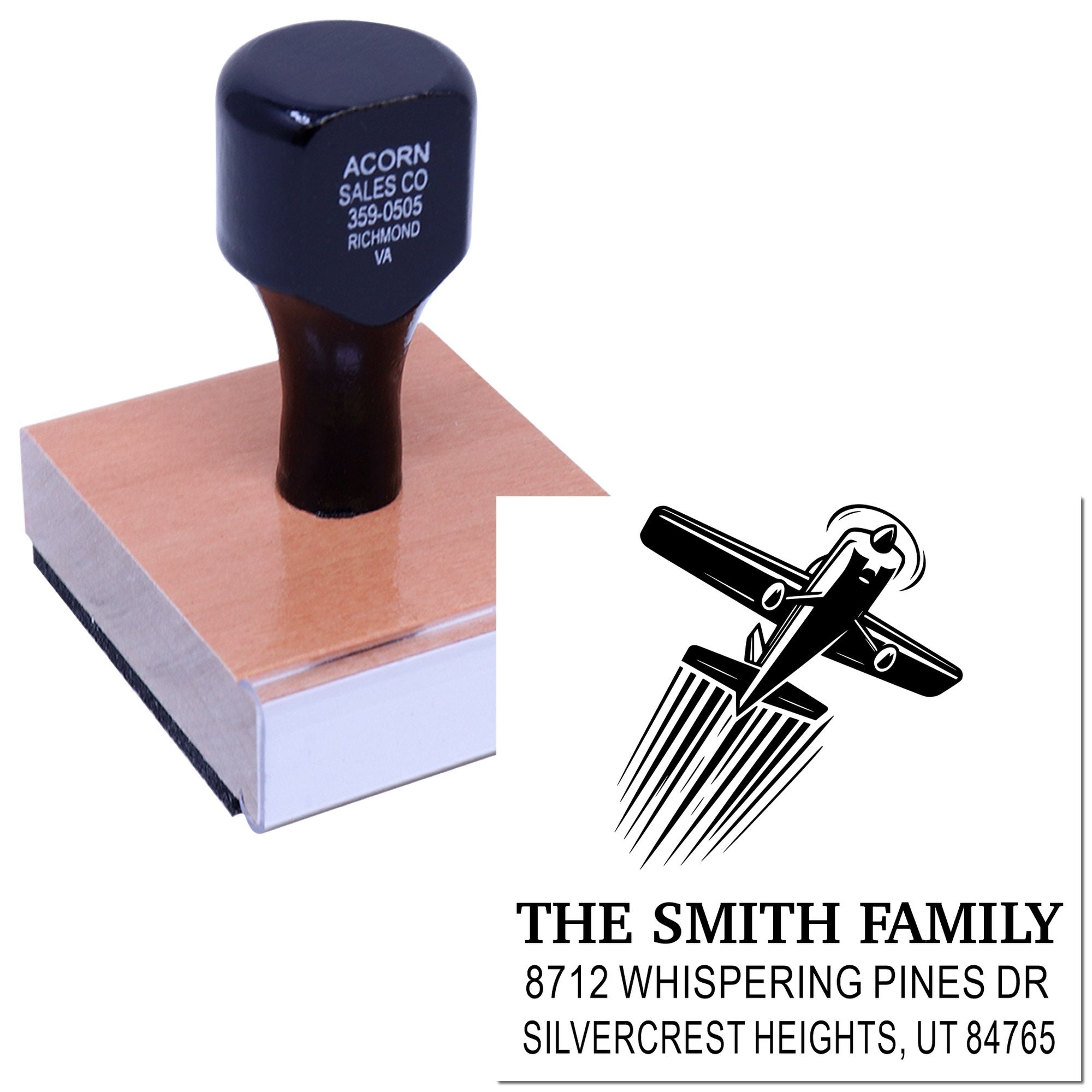 Custom self-inking return address stamp on white background, featuring The Smith Family and a bold postal address design.