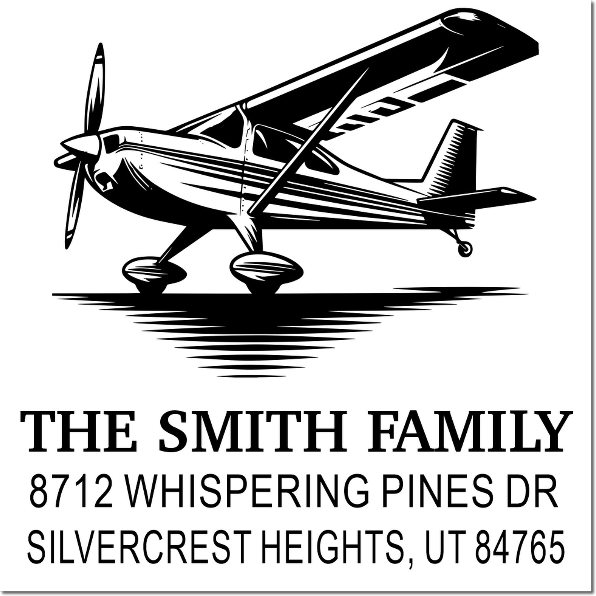 Custom return address stamp with airplane graphic, showing The Smith Family and Silvercrest Heights, Utah address in black on white.