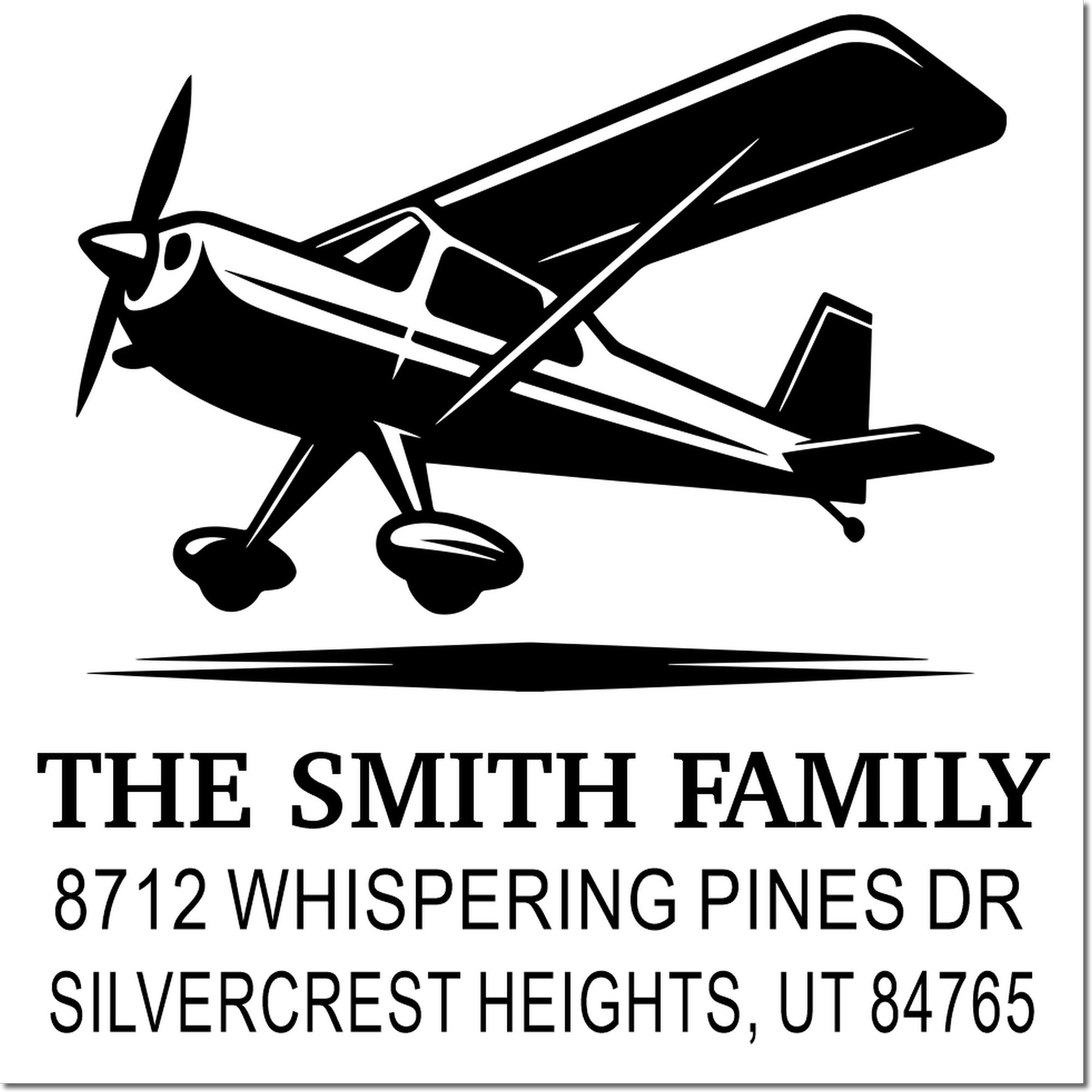 Custom return address stamp with airplane silhouette for The Smith Family, 8712 Whispering Pines Dr, Silvercrest Heights, UT 84765.
