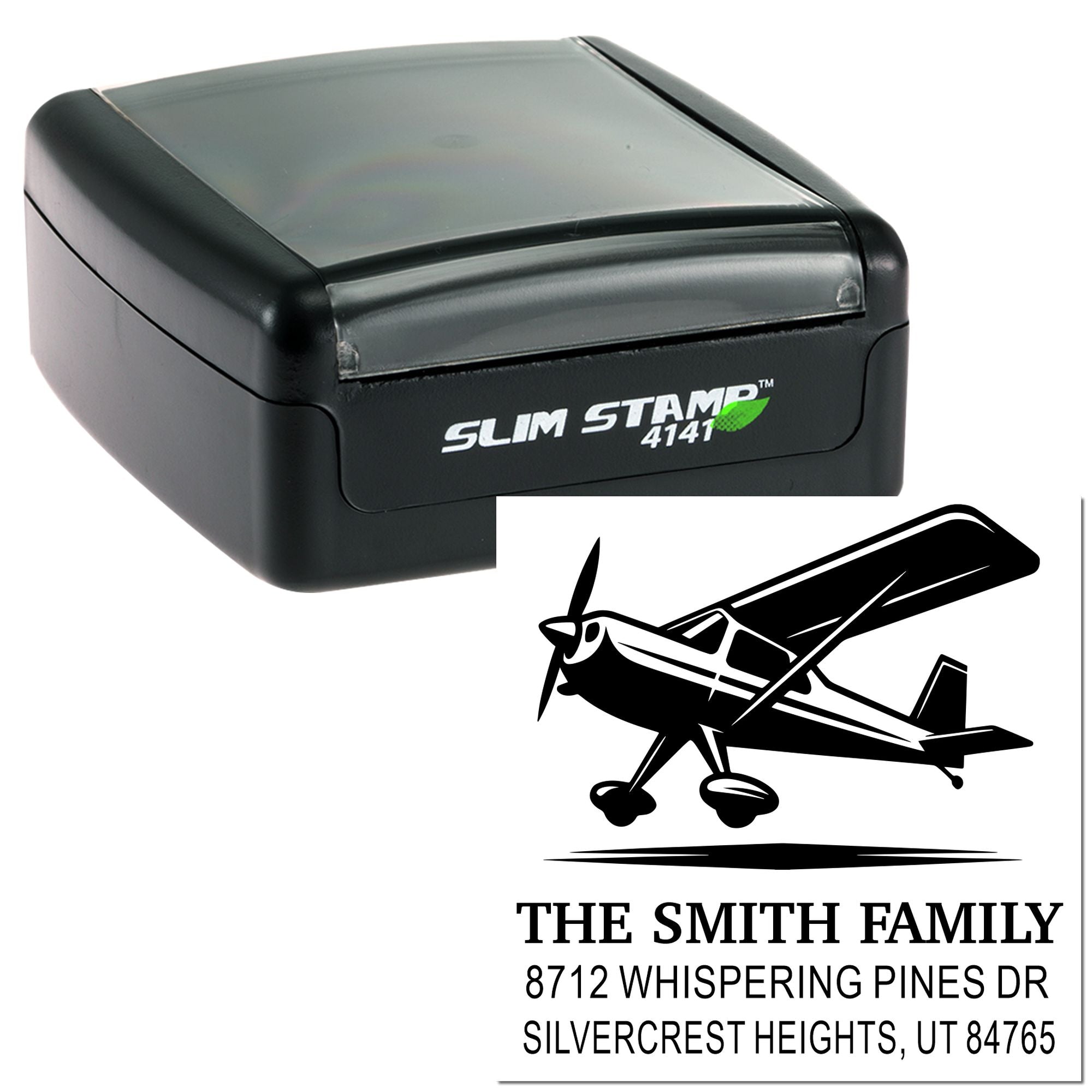 Custom self-inking Slim Stamp 4141 with airplane logo and Smith Family return address, black office stamp on white background.