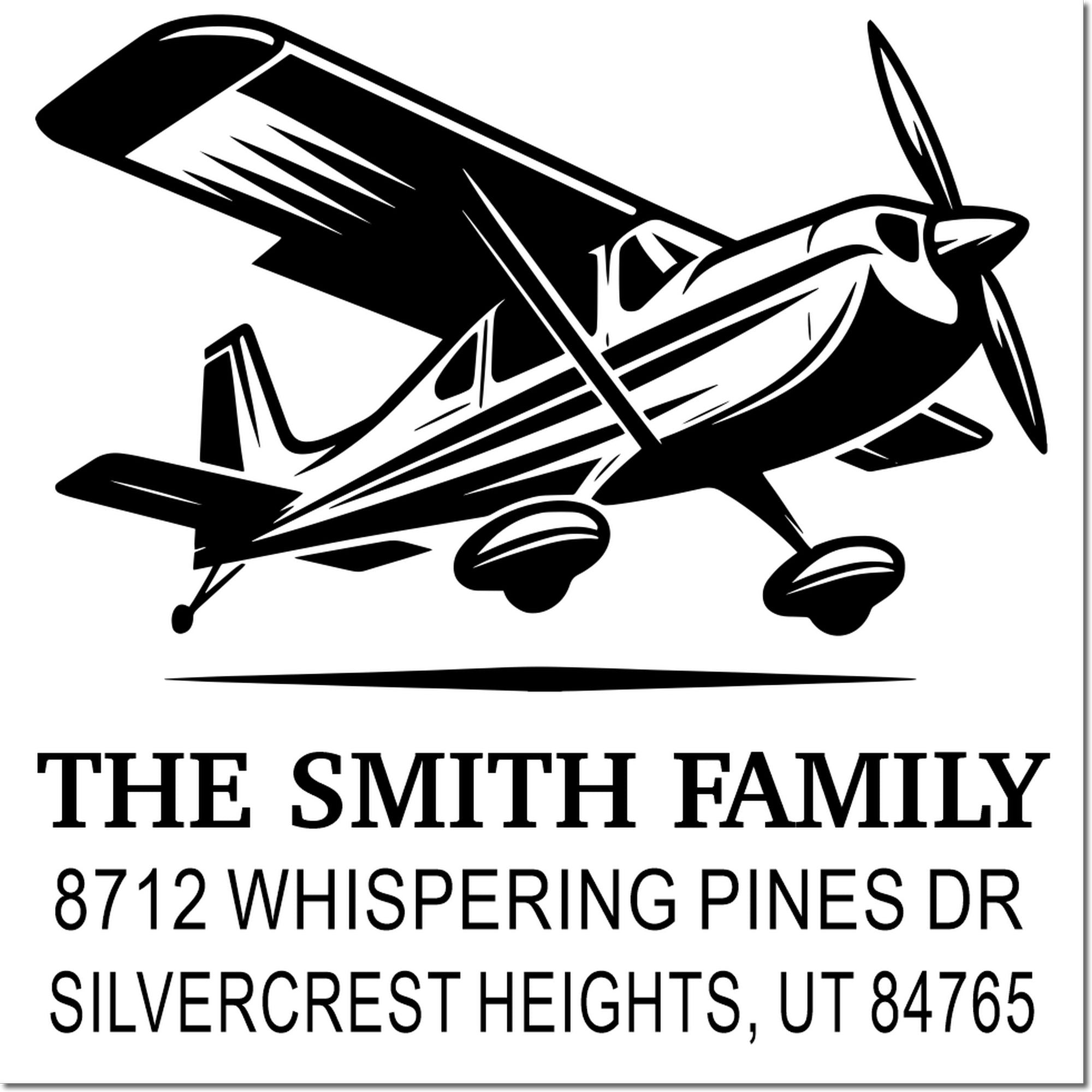 Custom airplane family address stamp with bold plane graphic and return address for The Smith Family, Silvercrest Heights, Utah.