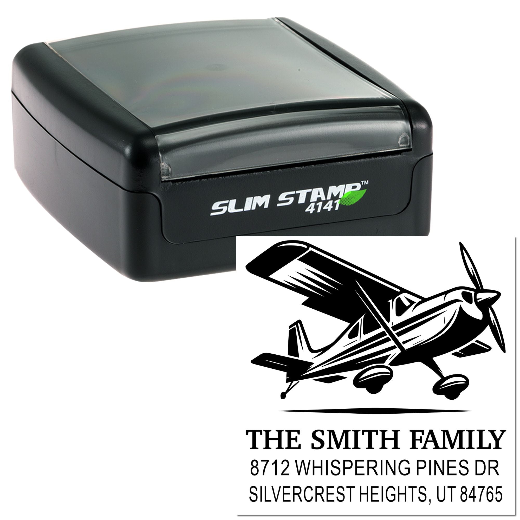 Custom self-inking slim stamp with airplane graphic and return address for The Smith Family, Silvercrest Heights, UT.