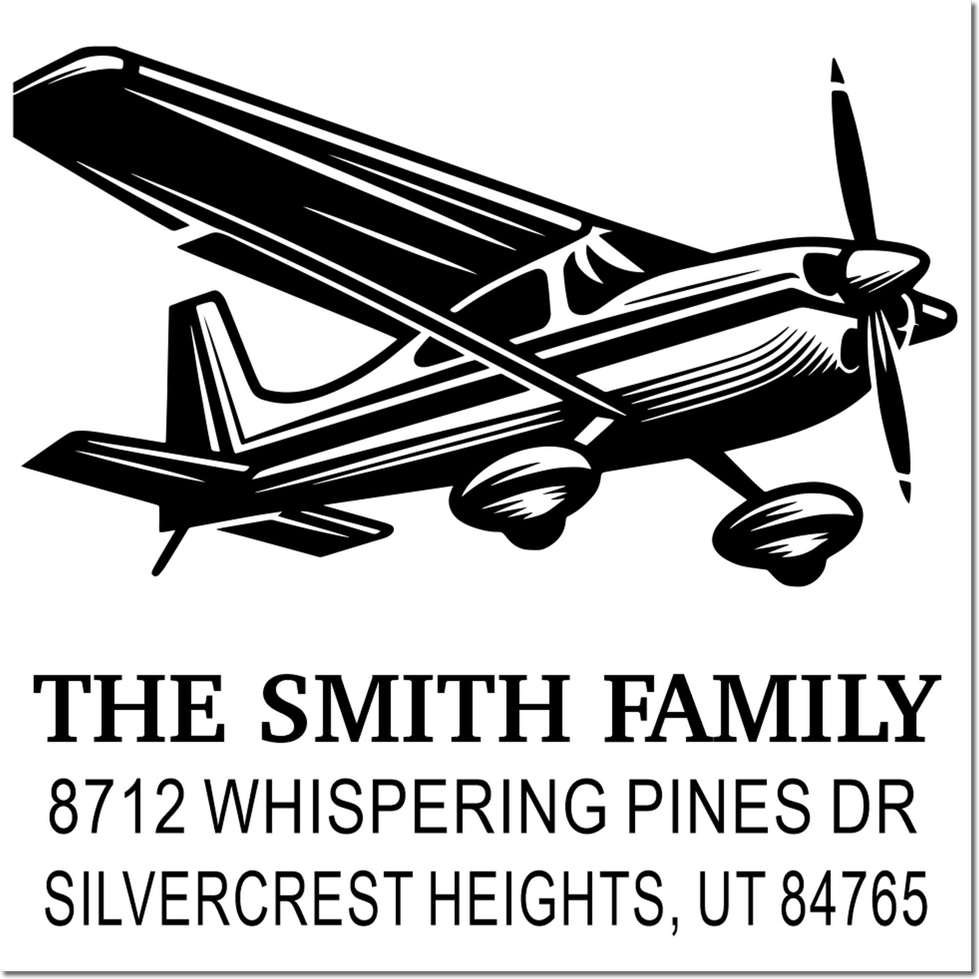 Custom airplane address stamp with biplane silhouette and text: The Smith Family, 8712 Whispering Pines Dr, Silvercrest Heights, UT 84765