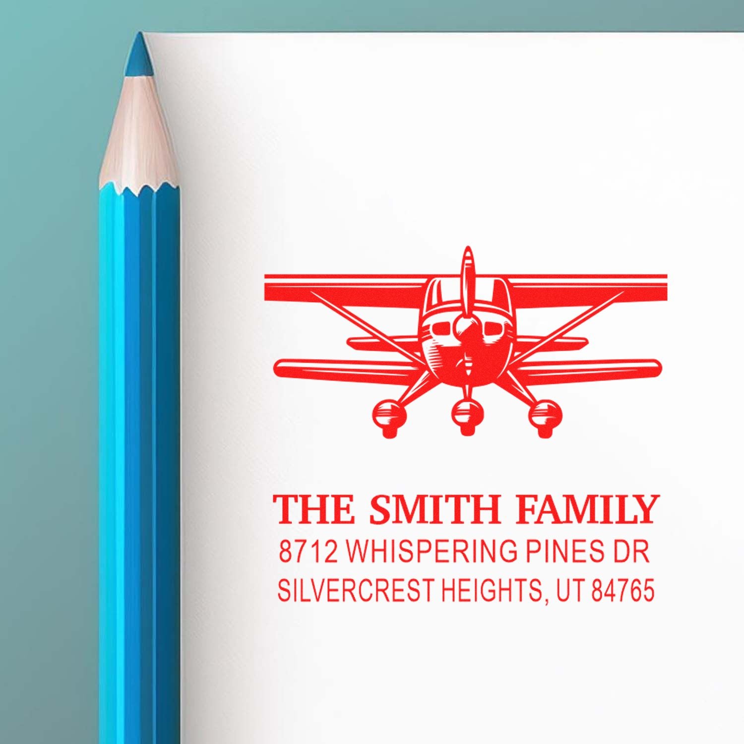 Custom airplane return address rubber stamp with The Smith Family name and Silvercrest Heights, UT address, ideal for personalized mailings