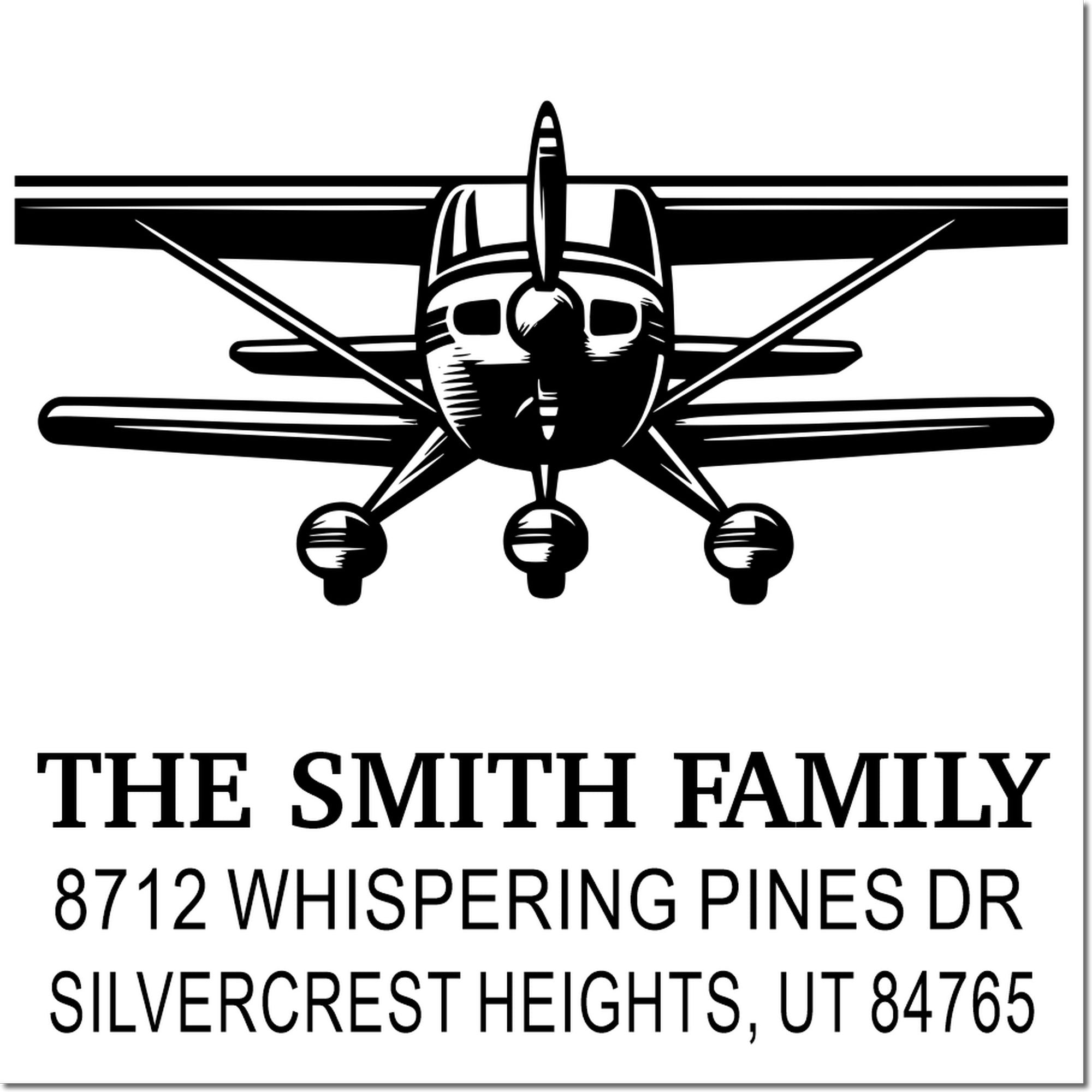 Custom personalized rubber stamp with airplane logo and return address, The Smith Family, 8712 Whispering Pines Dr, Silvercrest Heights, UT 84765