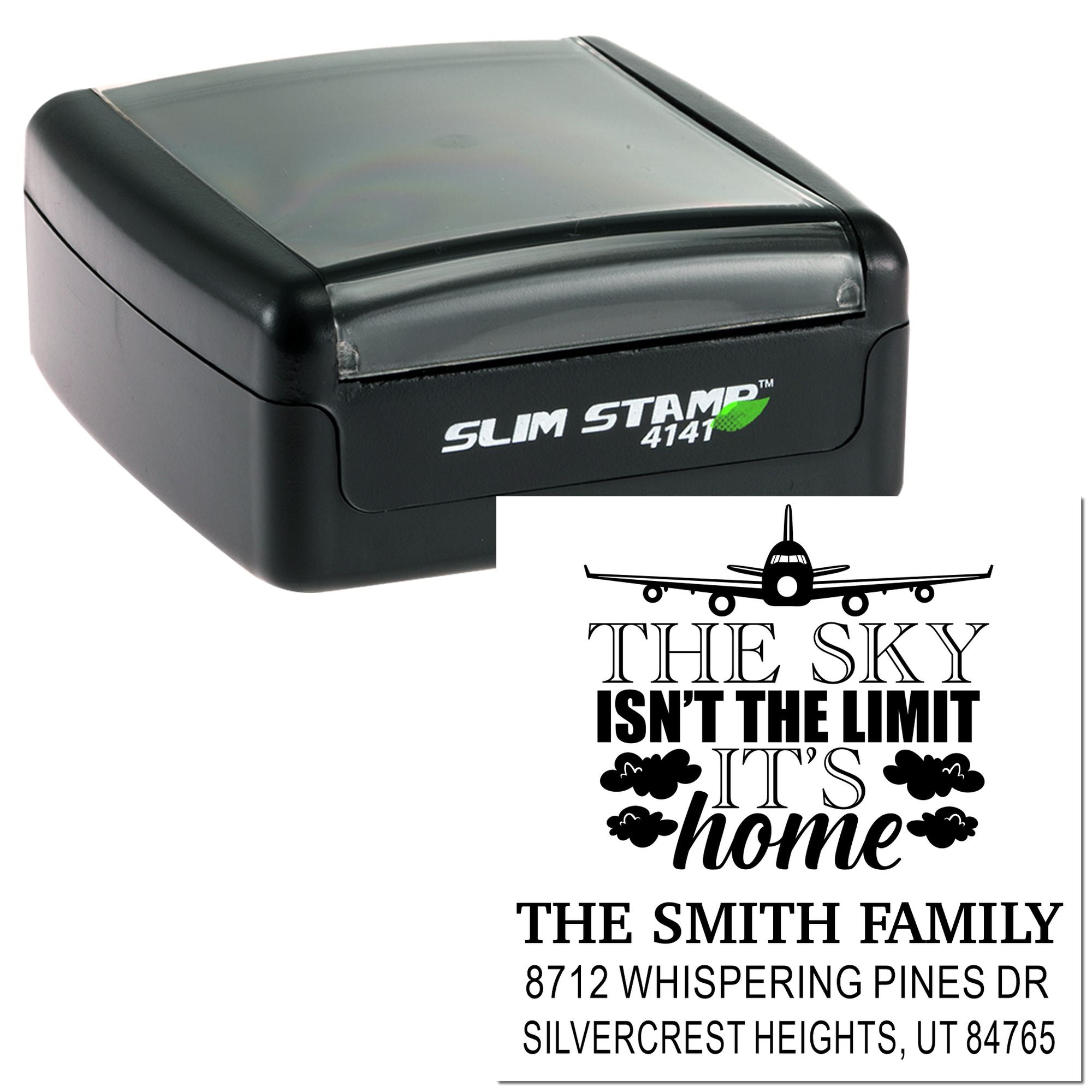 Slim Stamp 4141 self-inking rubber stamp with custom airplane design, family name and address, ideal for personalized mailing and return address use