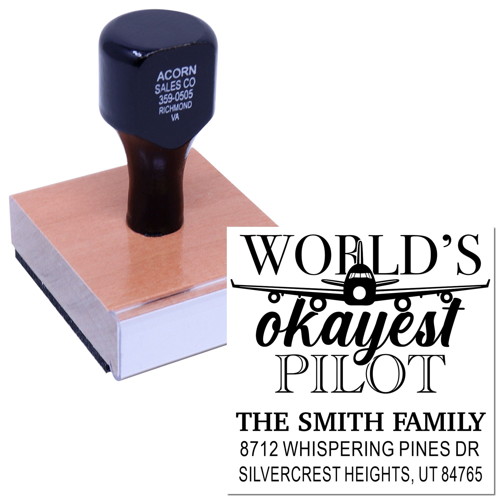 Custom rubber stamp with airplane design and personalized return address for The Smith Family, ideal for pilot-themed self-inking mailing use