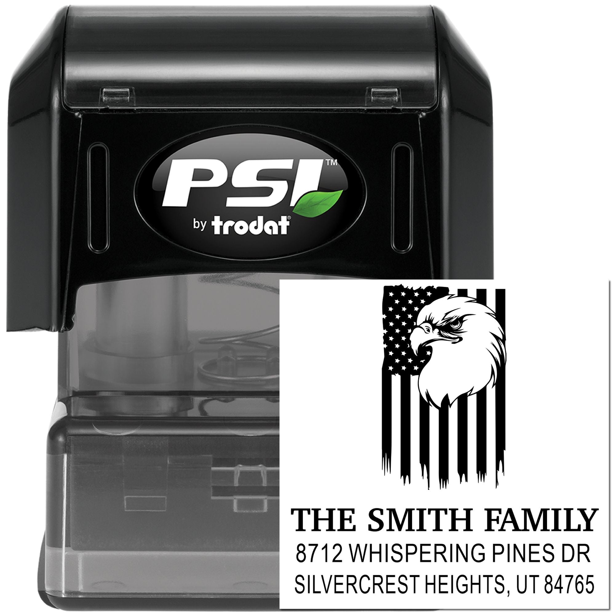 PSI by Trodat self-inking stamp with custom eagle-and-American-flag address design for The Smith Family, shown on a white background.