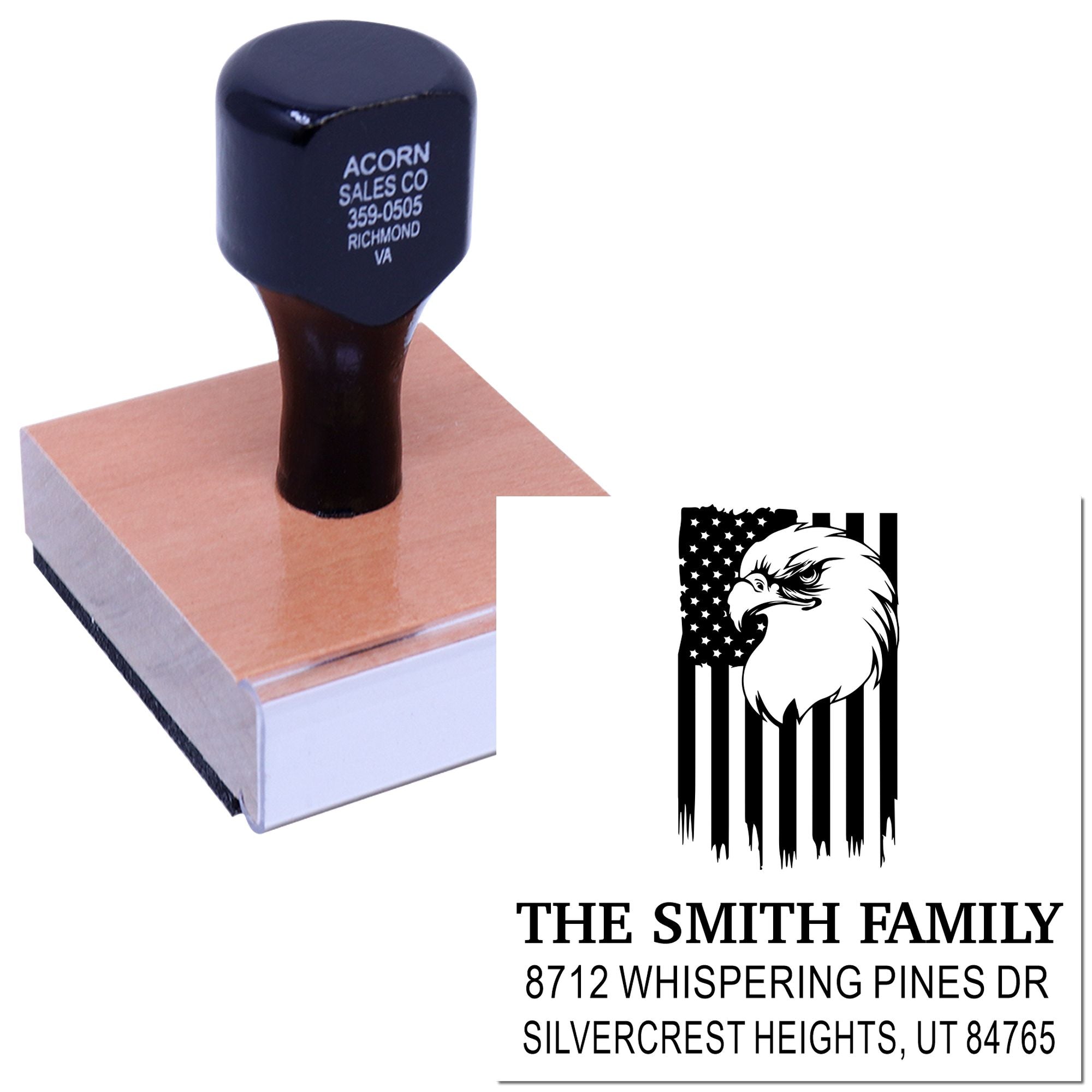 Custom rubber address stamp with eagle logo and family name, shown on a wood-mounted stamp block with stamped mailing address on white background.