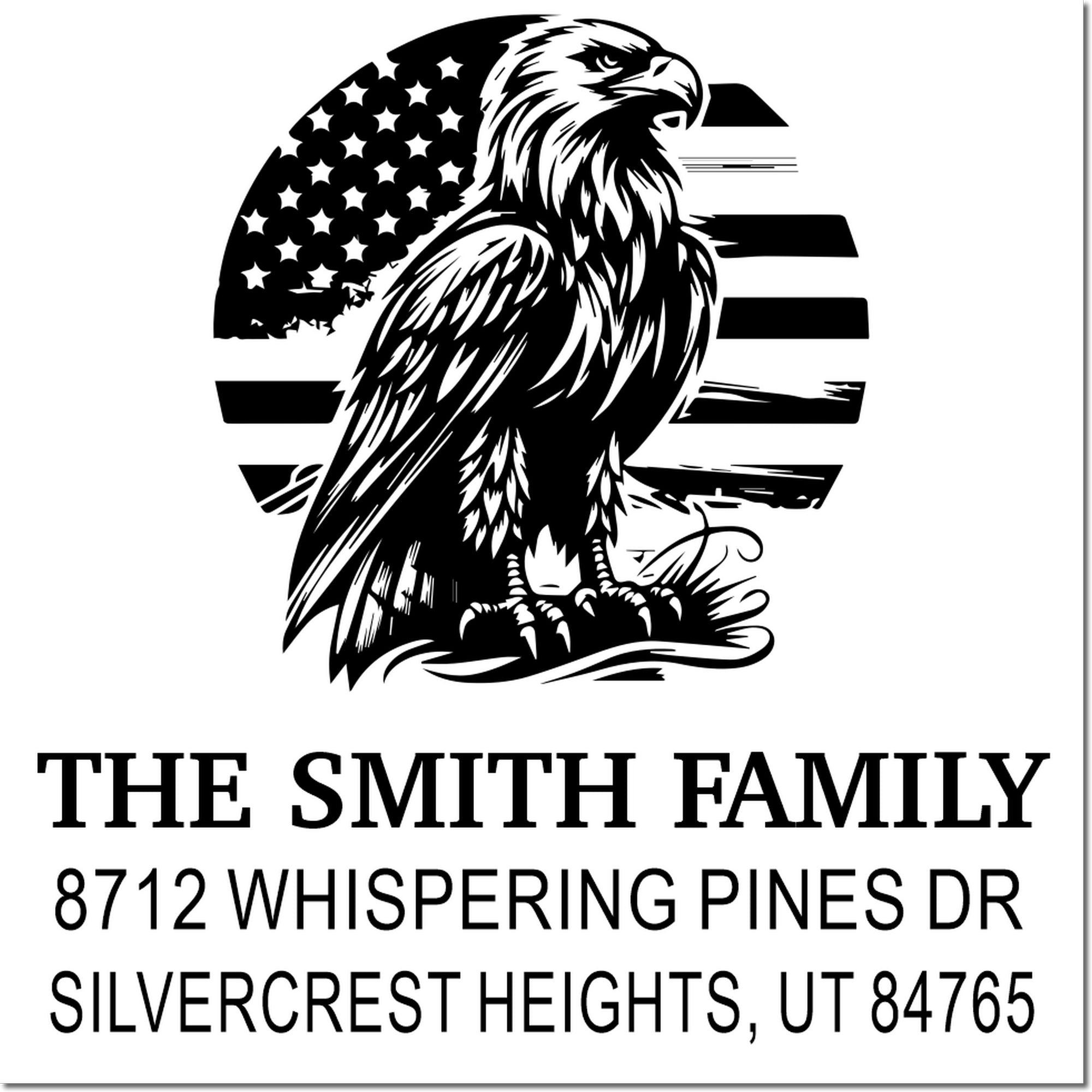 Custom return address stamp with eagle over American flag and The Smith Family, 8712 Whispering Pines Dr, Silvercrest Heights, UT 84765