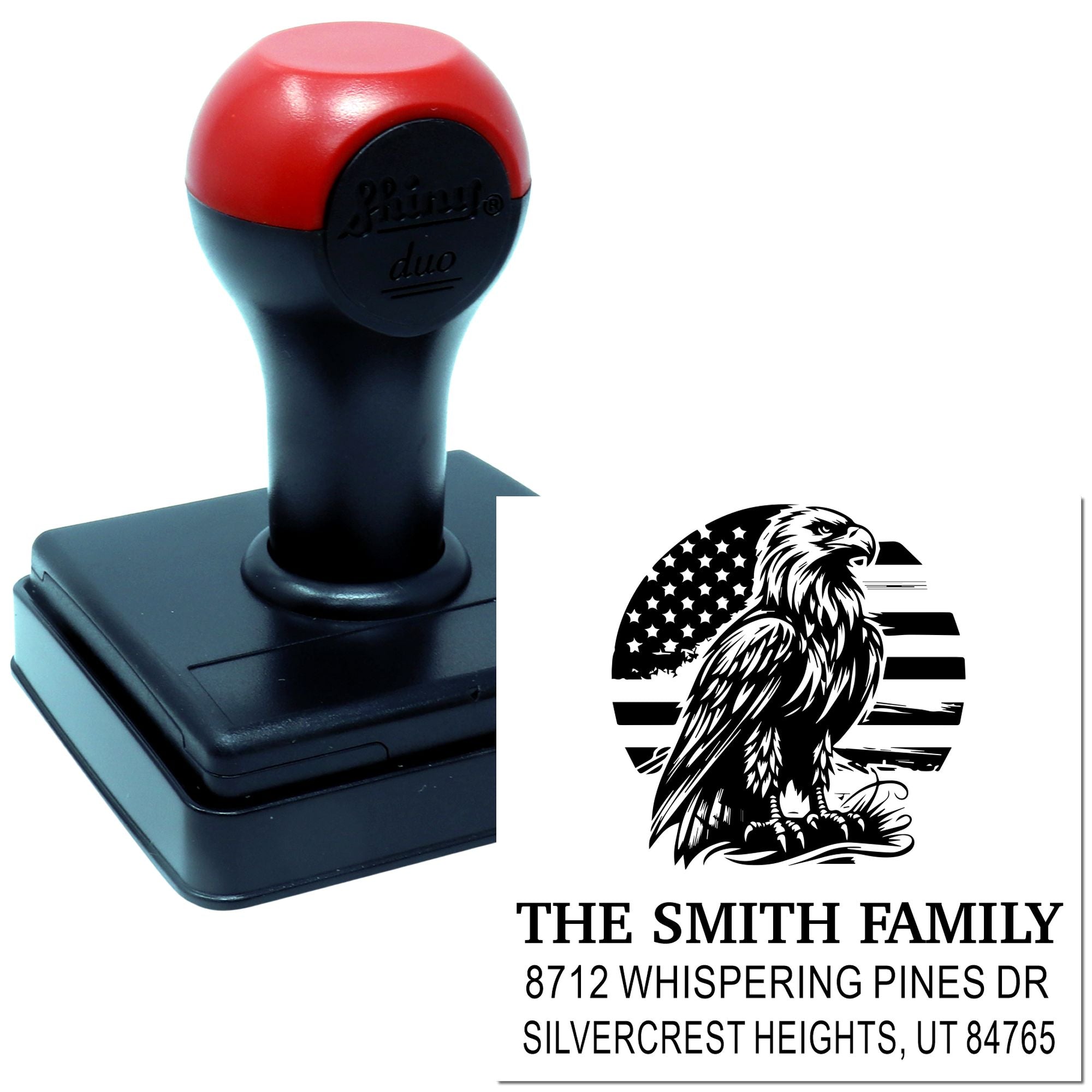 Custom self-inking rubber address stamp with eagle and American flag design, featuring The Smith Family name and Silvercrest Heights, UT address