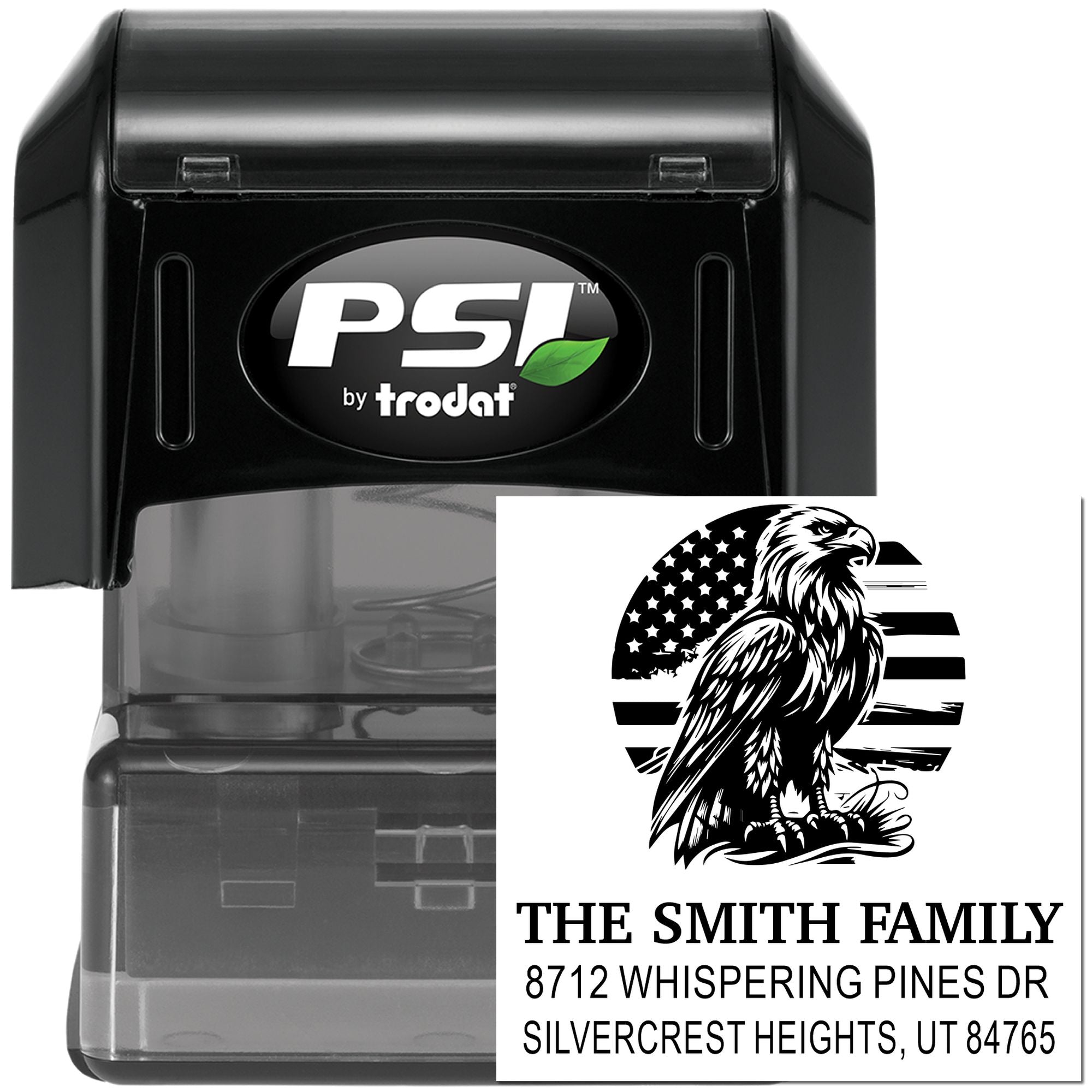 PSI by Trodat self-inking stamp with custom eagle family address return stamp design on white background