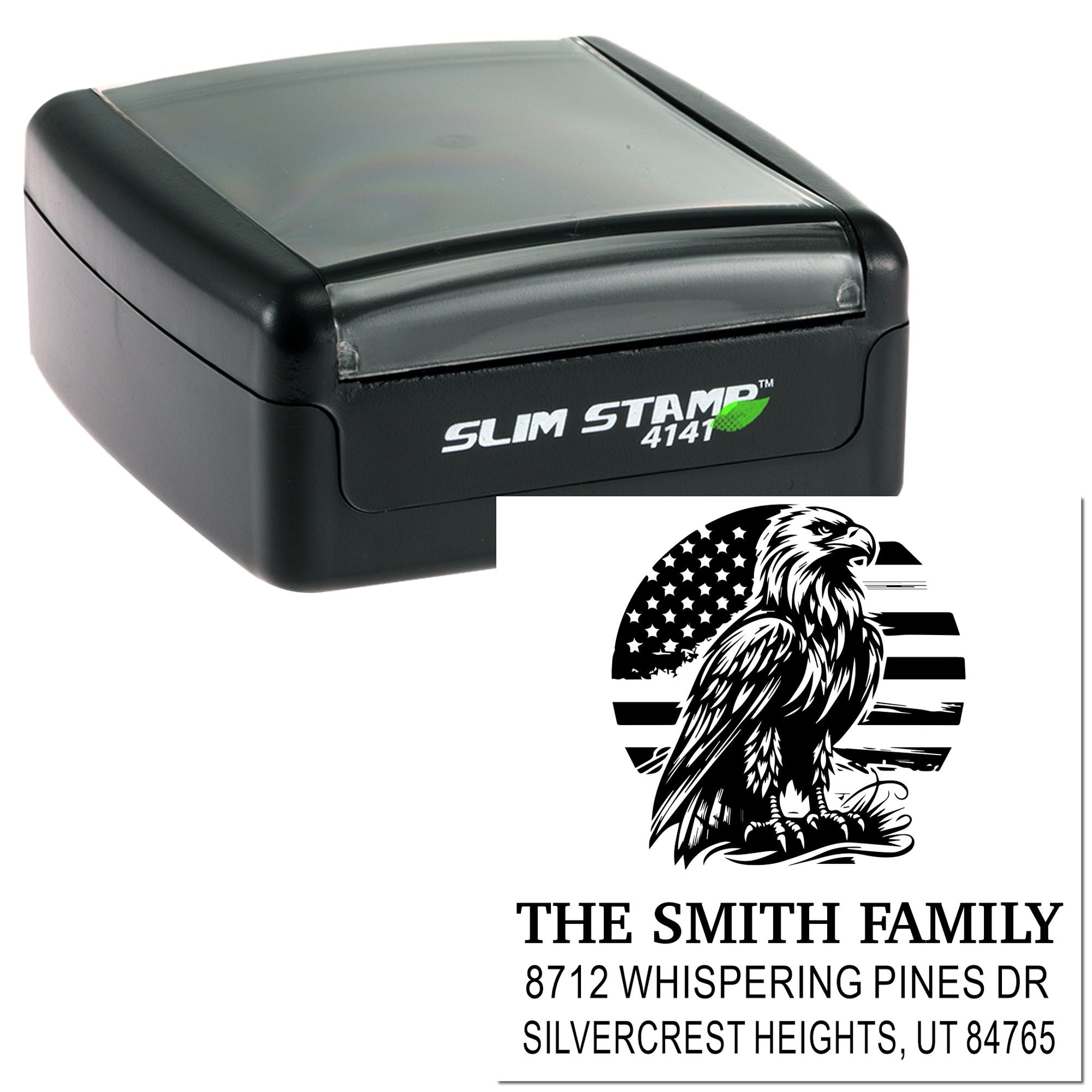 Black self-inking custom address stamp with eagle logo, family name, and return address imprint on a white background.