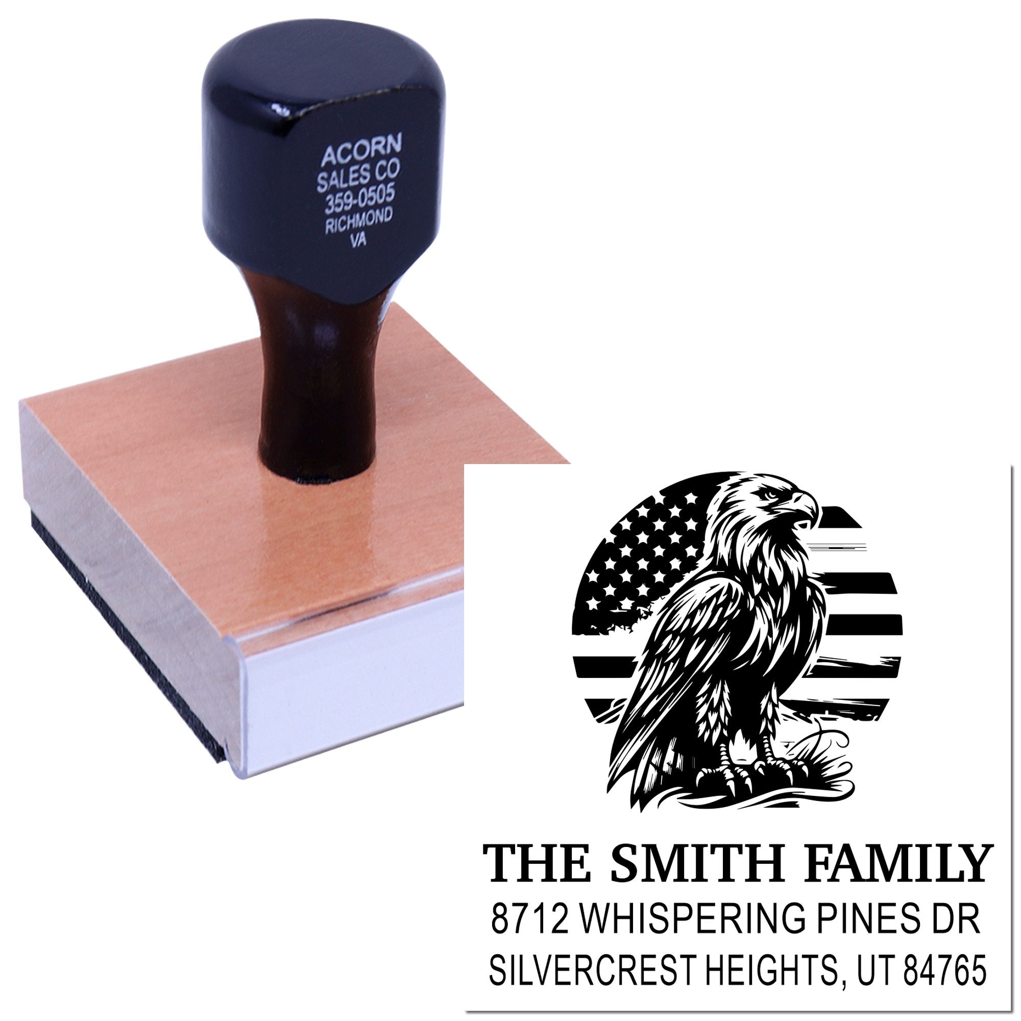 Custom rubber address stamp with eagle and U.S. flag design, showing Smith family name and Utah address on a stamp block against a white background.
