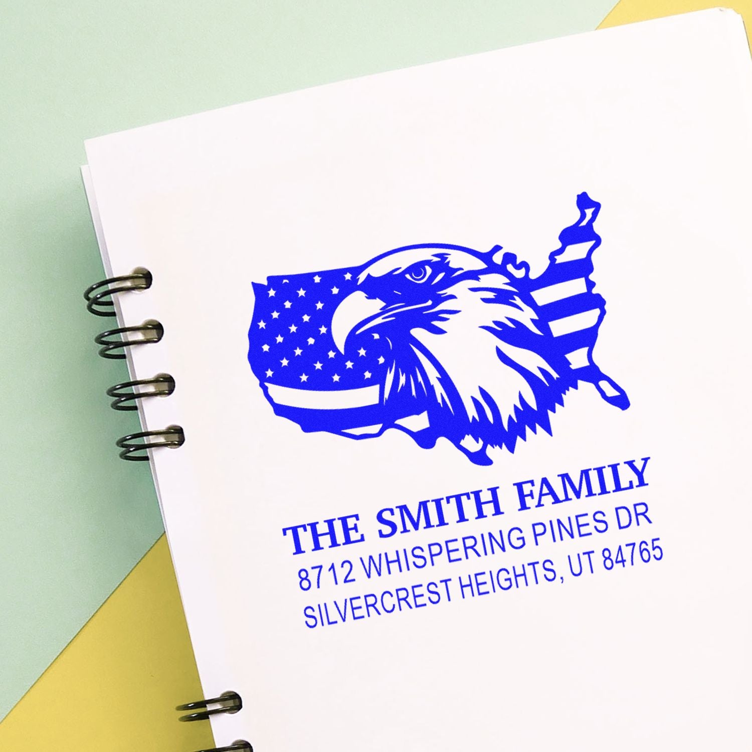 Custom self-inking address stamp featuring patriotic eagle and U.S. flag artwork, personalized for The Smith Family in Silvercrests, Utah
