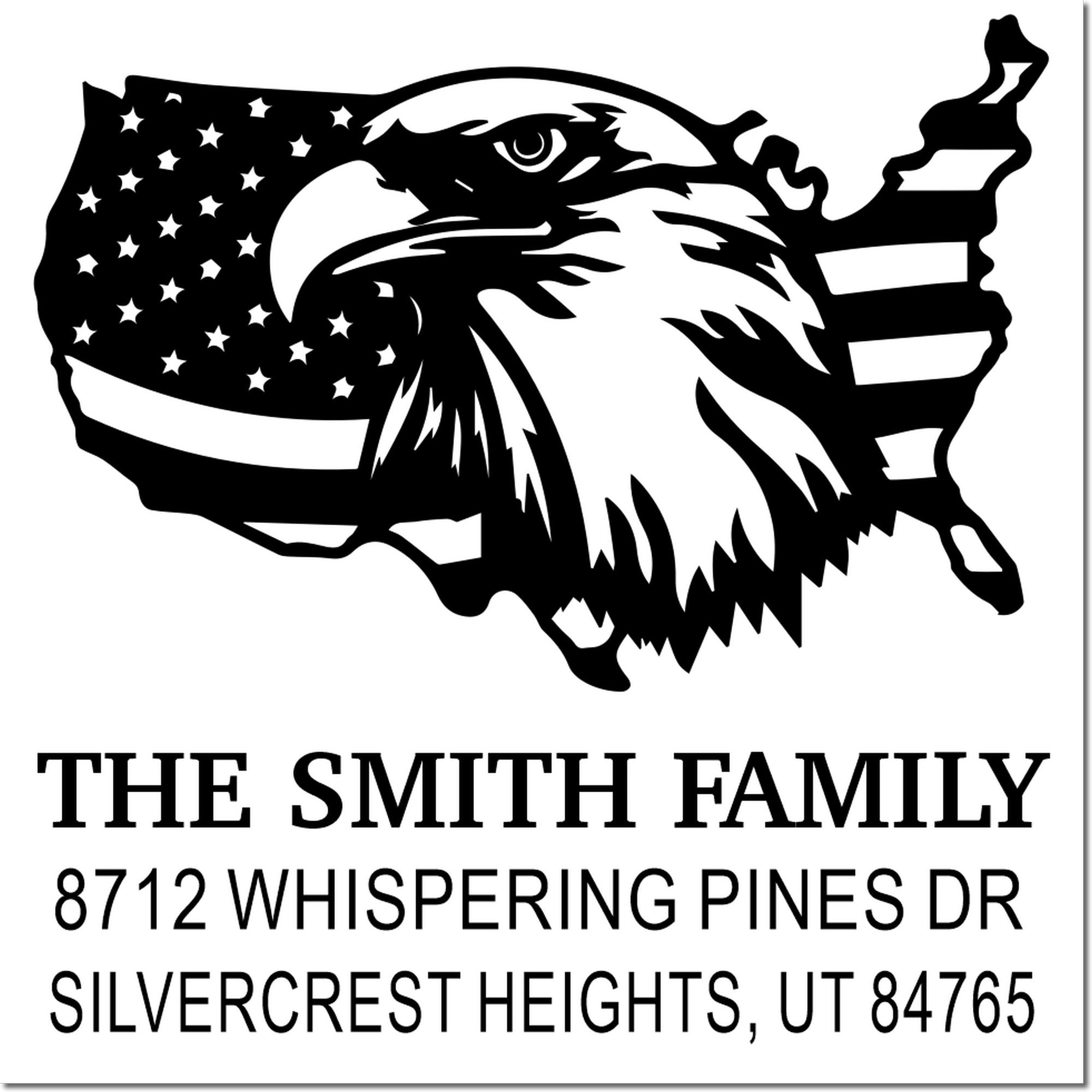 Custom family address rubber stamp with patriotic eagle and U.S. map design, personalized for The Smith Family, 8712 Whispering Pines Dr, Utah 84765