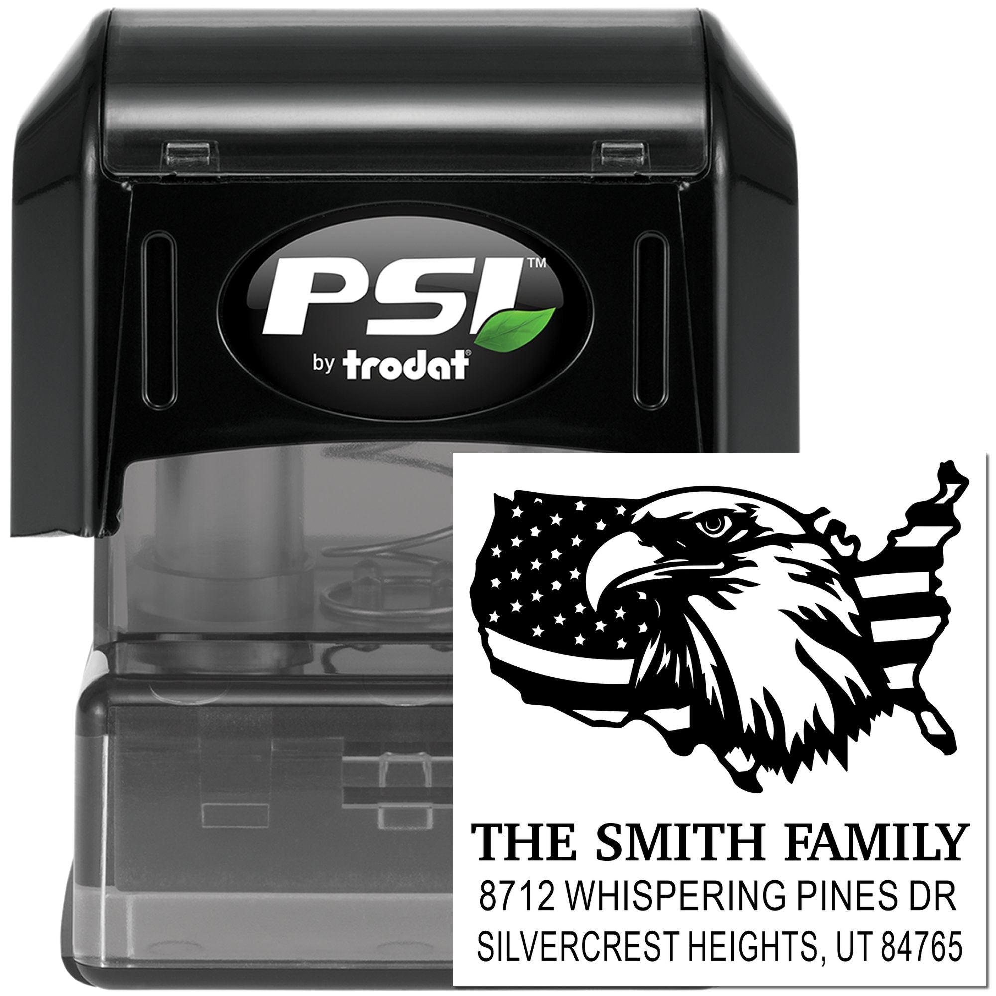 Custom self-inking address stamp with eagle and U.S. map design, showing The Smith Family name and address on a PSI by Trodat stamp case.