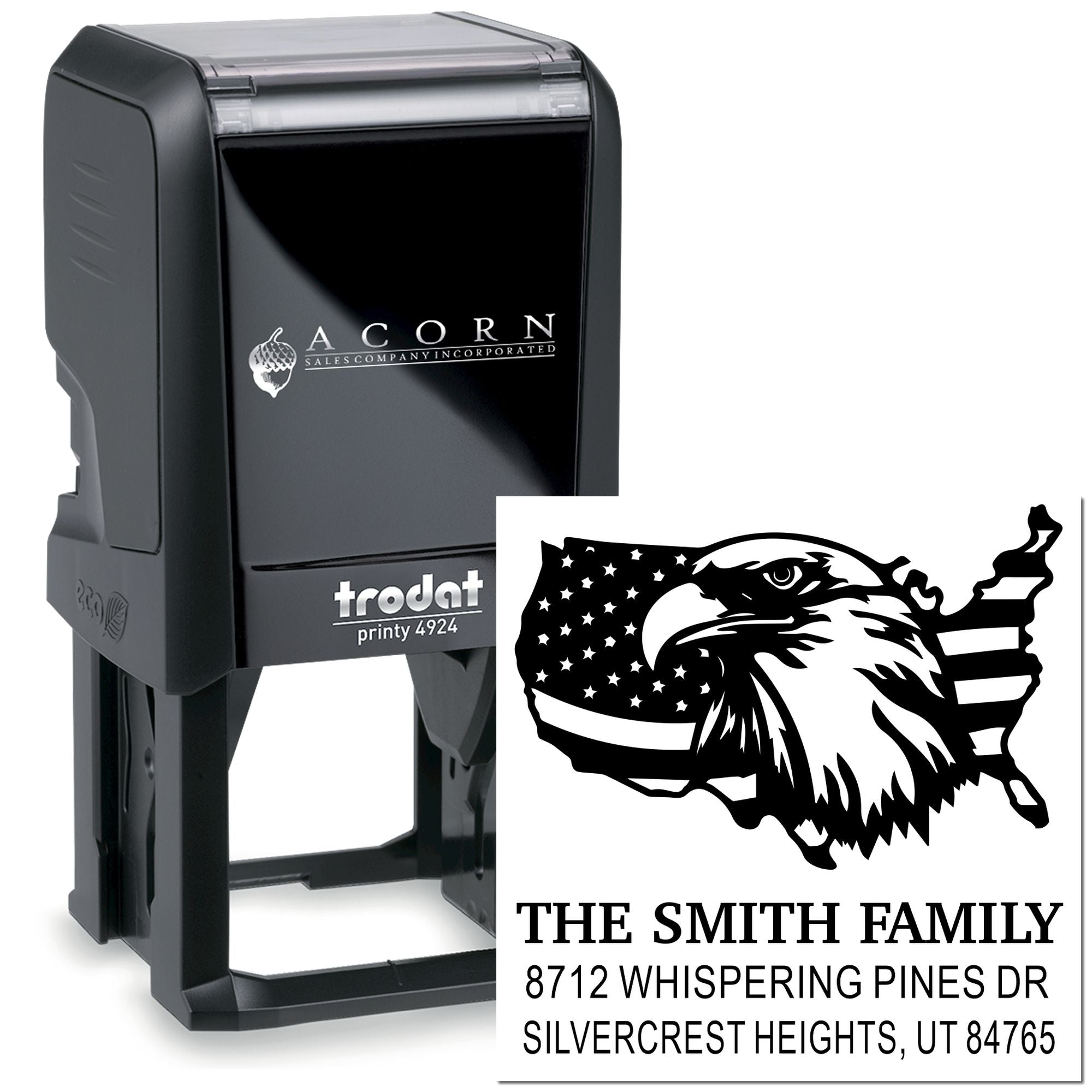 Custom self-inking address stamp with eagle and American flag design, Trodat Printy 4924 personalized rubber stamp for family name and return address