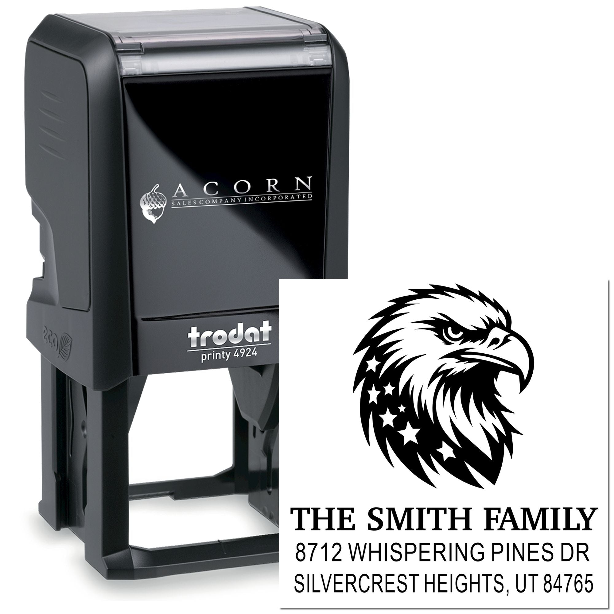 Custom self-inking rubber address stamp, Trodat Printy 4924, featuring eagle design, family name, and personalized return mailing address