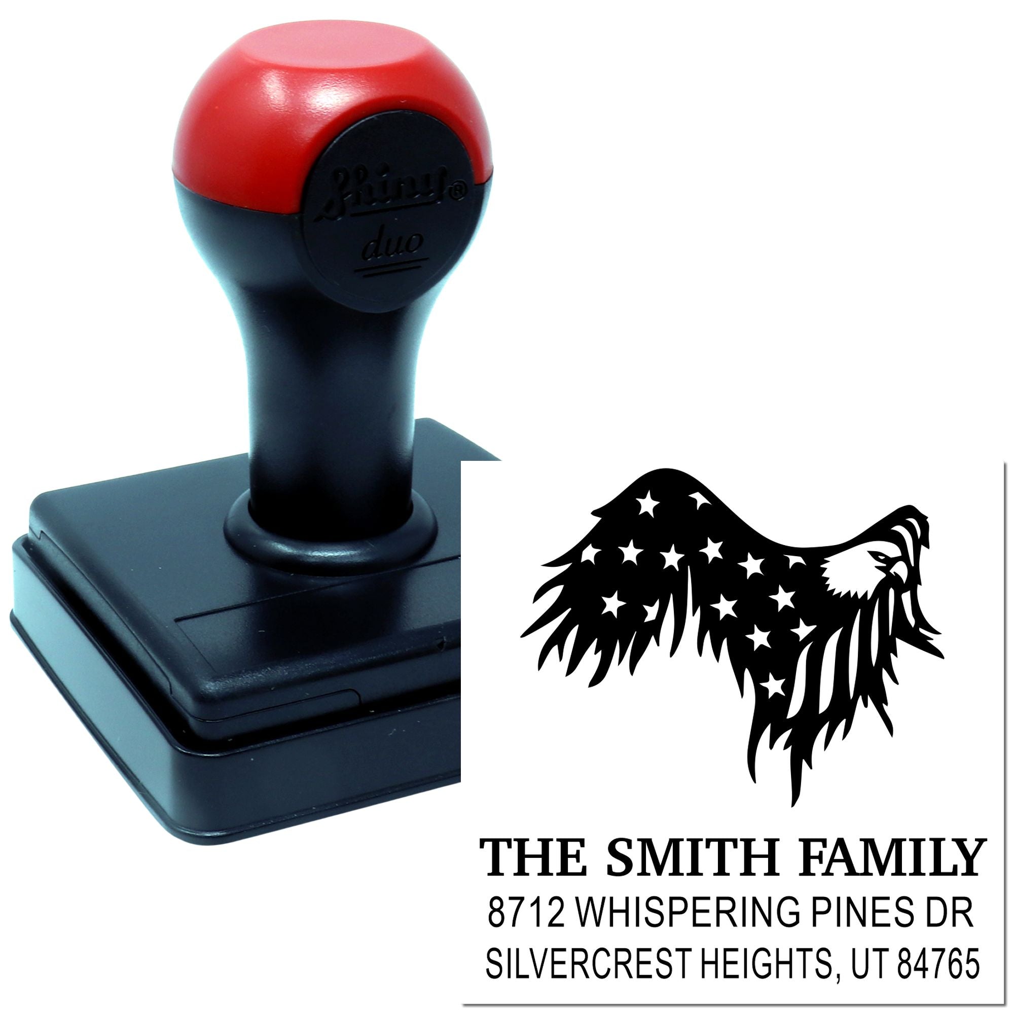 Custom self-inking address stamp with red and black handle, featuring a dog silhouette design and The Smith Family return address.