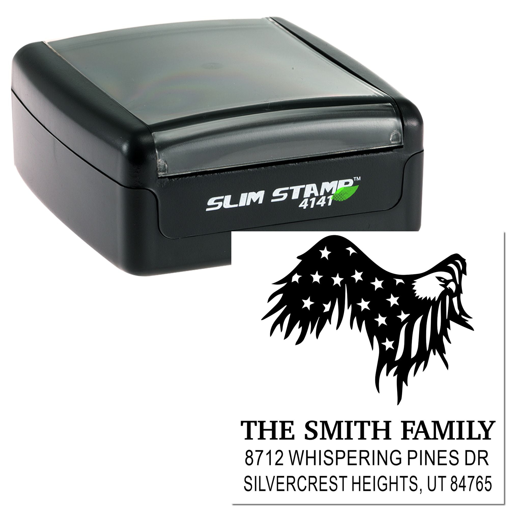 Custom self-inking address stamp with eagle graphic, family name, street address and city state ZIP on a white background.